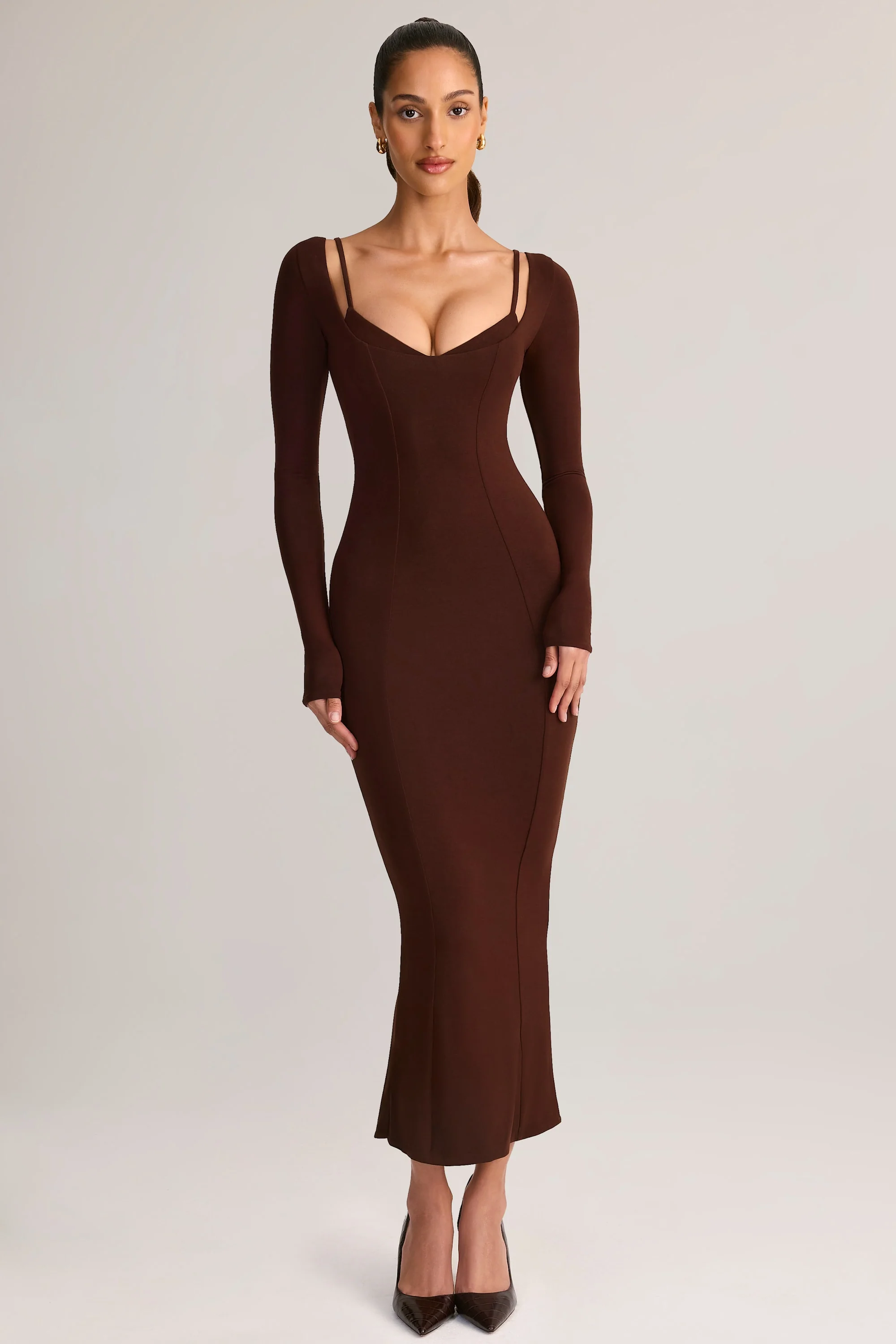 Modal Peekaboo Long-Sleeve Midi Dress in Chocolate Brown