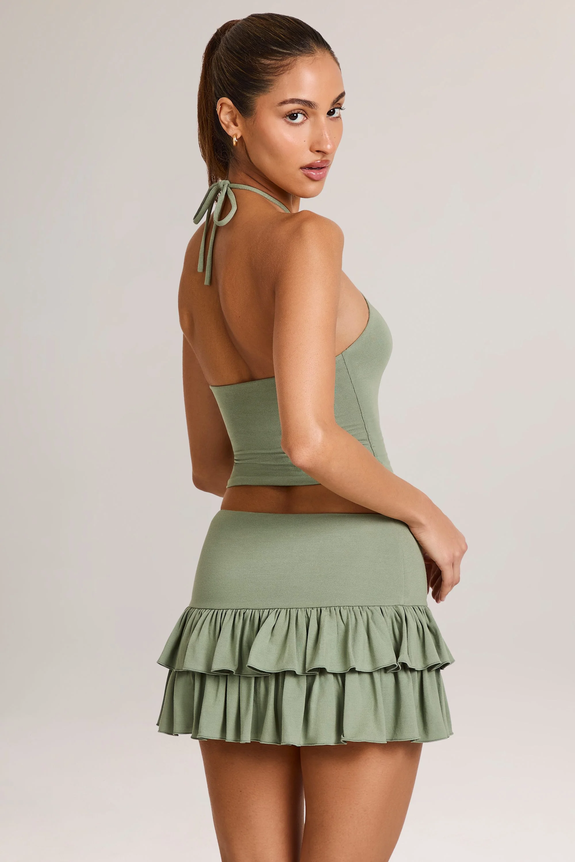 Modal Ruffle Mid-Rise Mini Skort in Sage Green