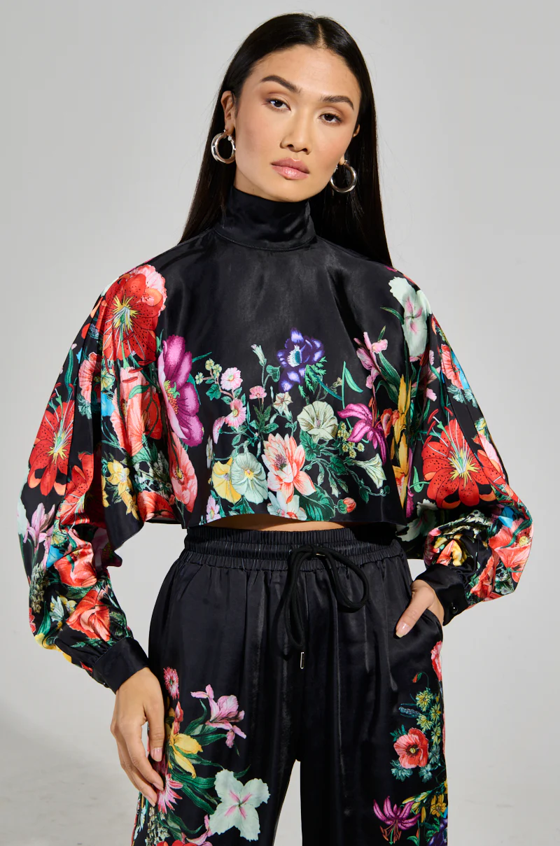 FULL BLOOM SATIN MOCK NECK BLOUSE