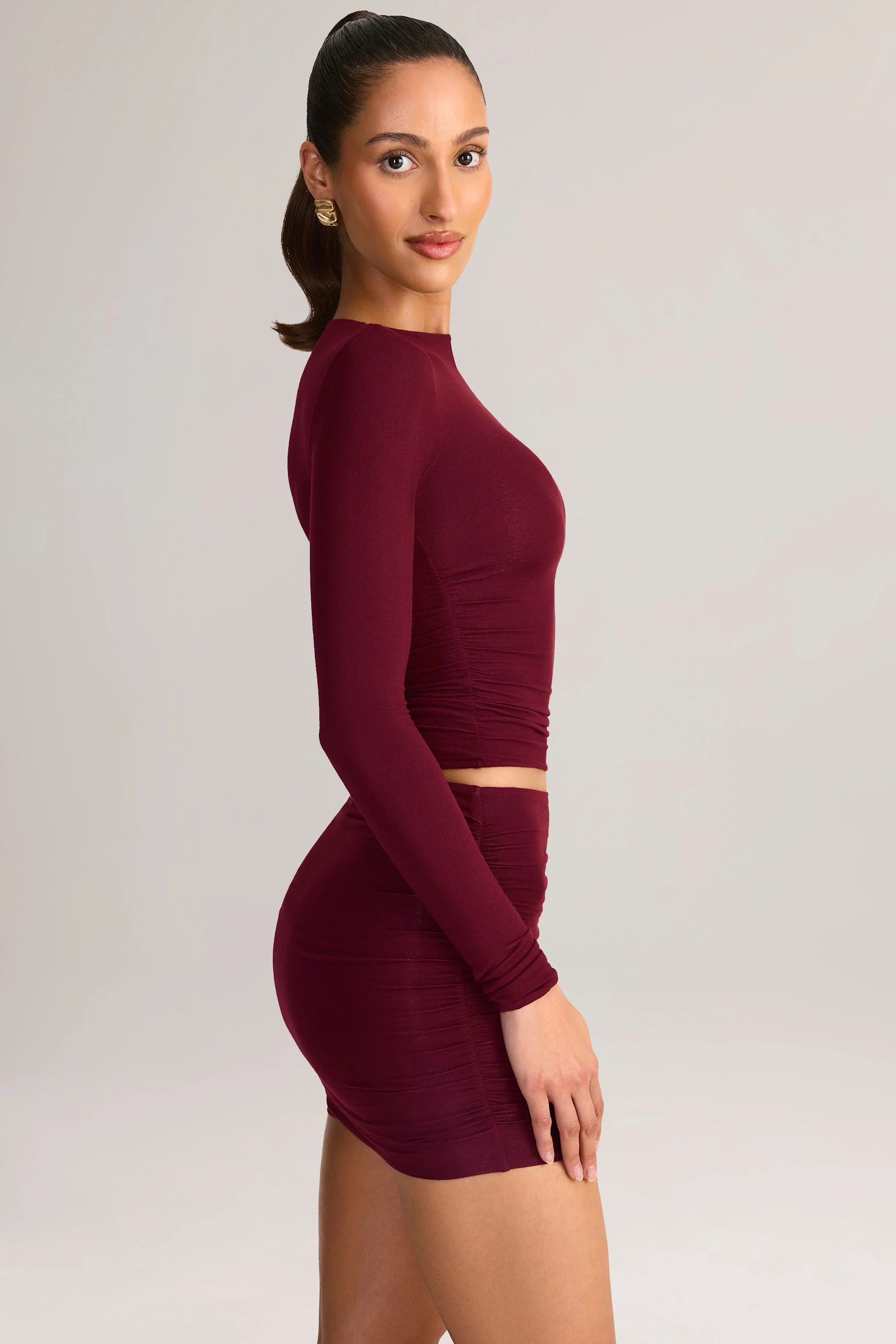 Modal Ruched Long-Sleeve Top in Wine