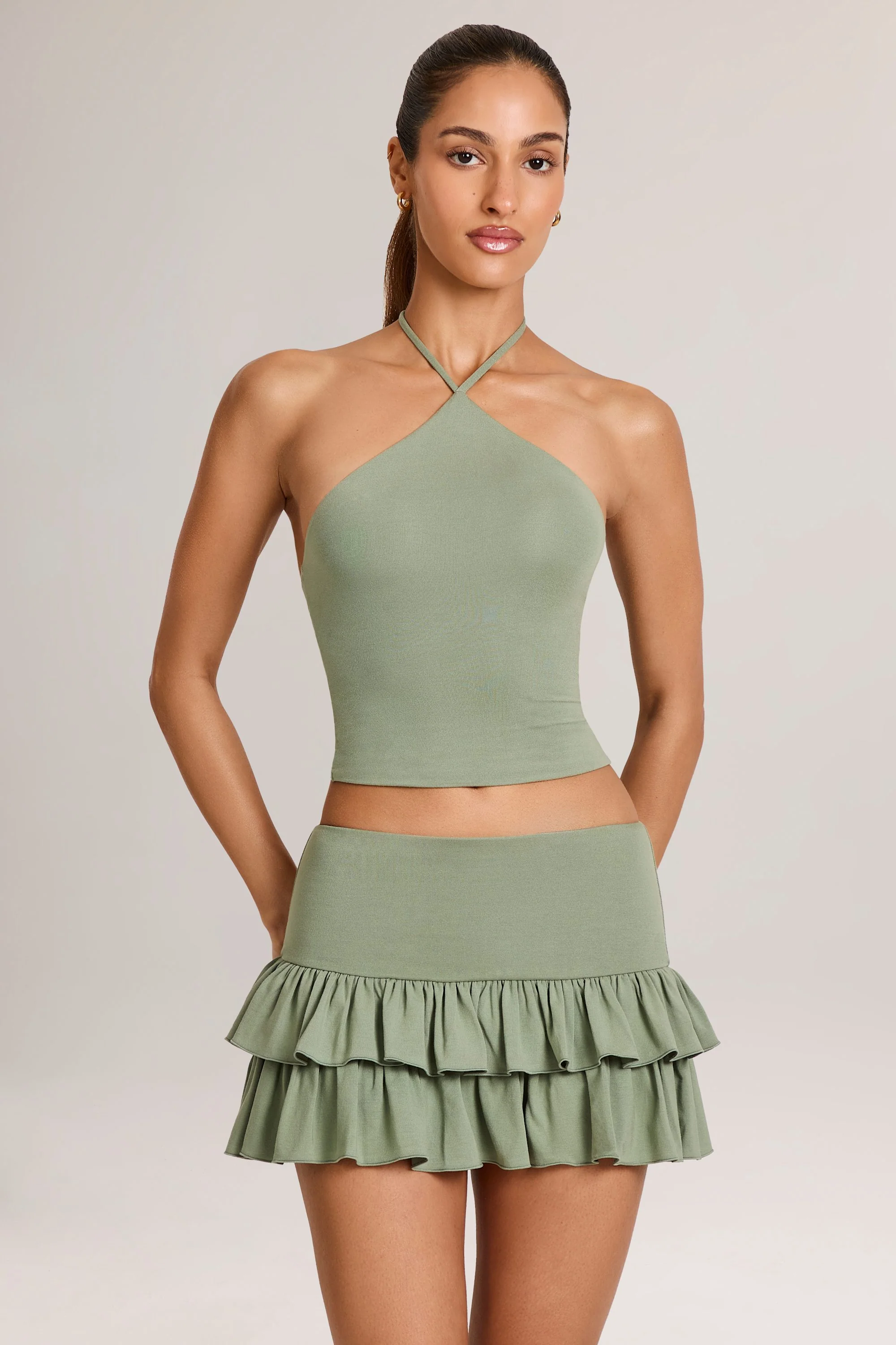 Modal Ruffle Mid-Rise Mini Skort in Sage Green