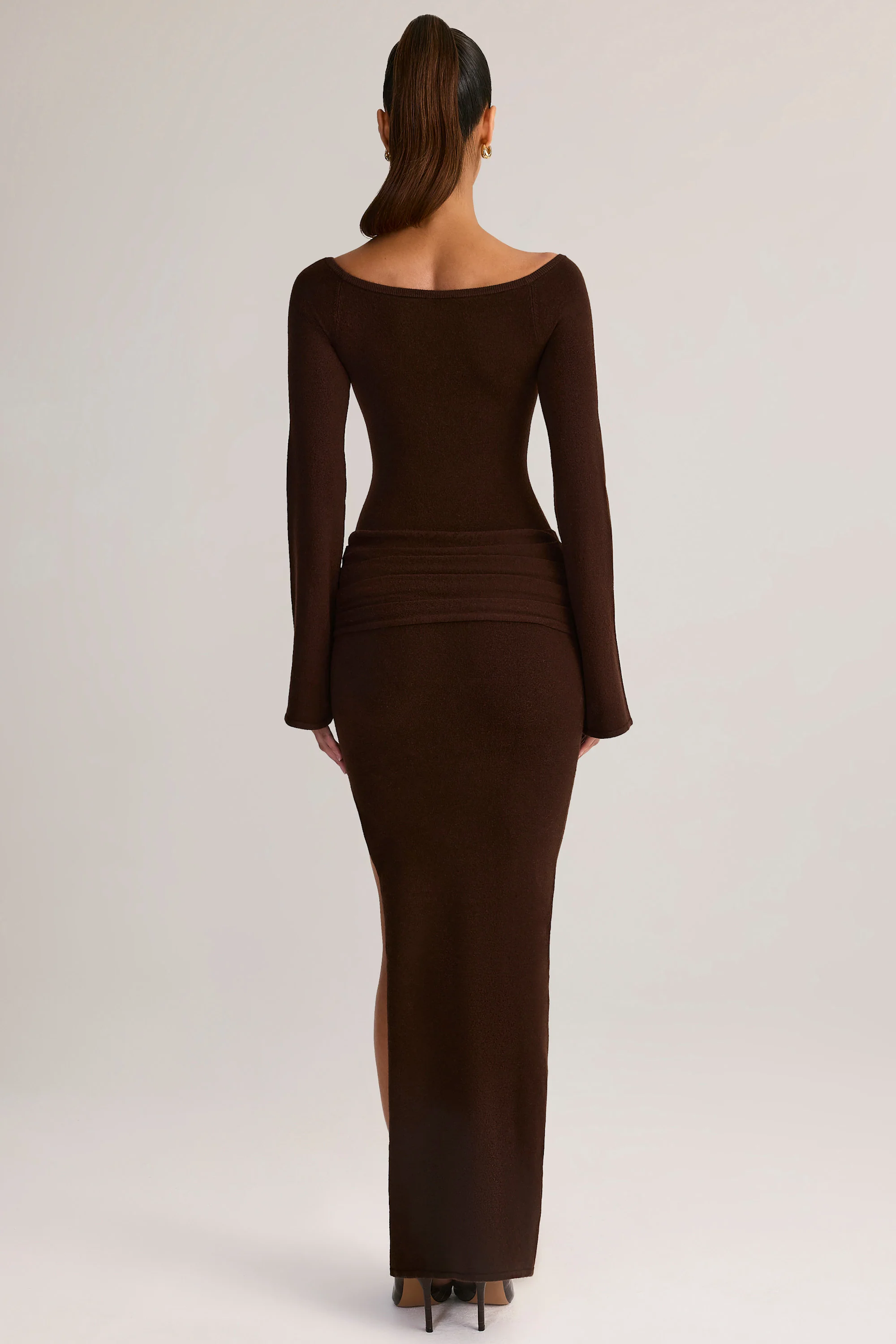 Knit Boat-Neck Long-Sleeve Maxi Dress in Chocolate Brown