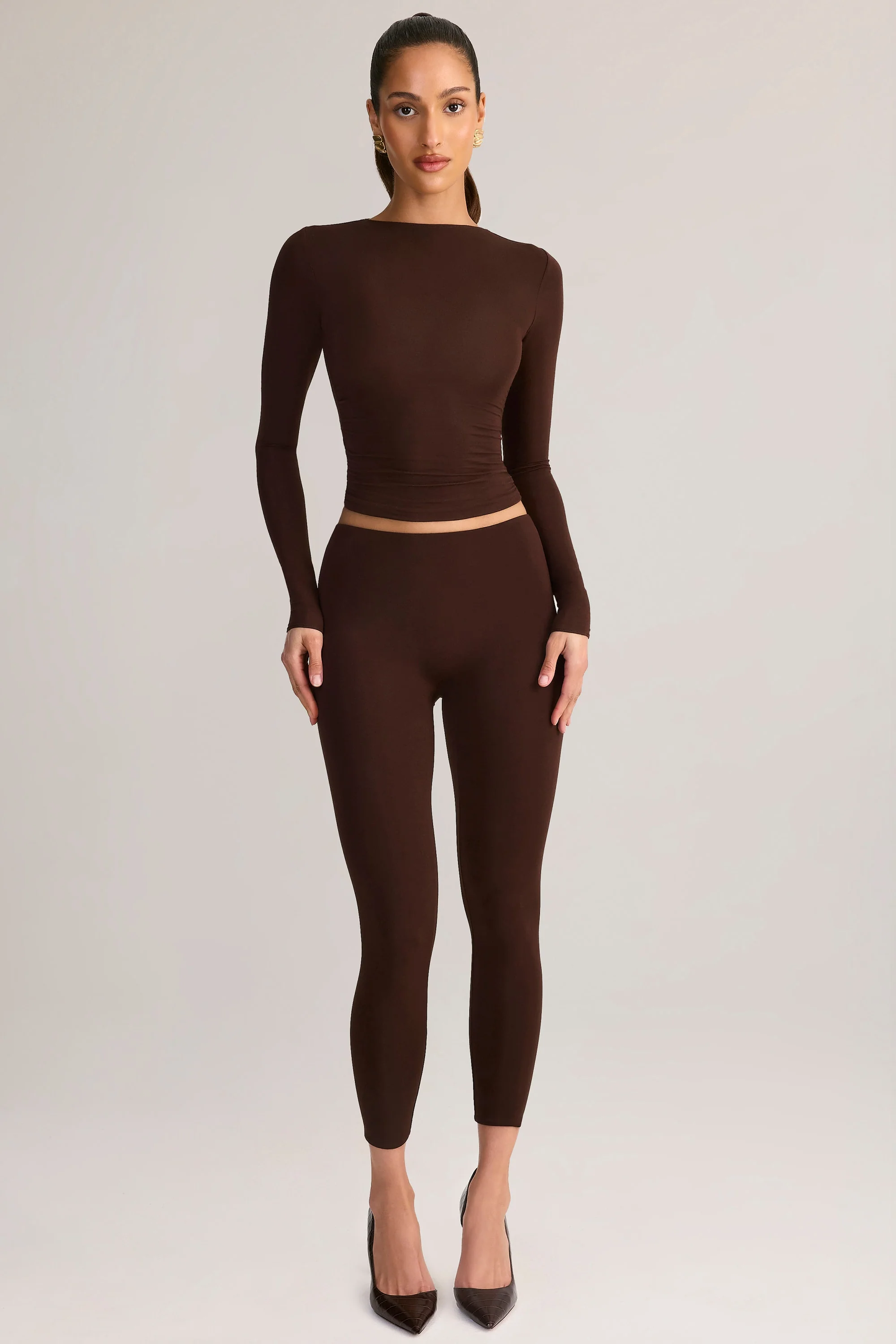 Modal Ruched Long-Sleeve Top in Chocolate Brown