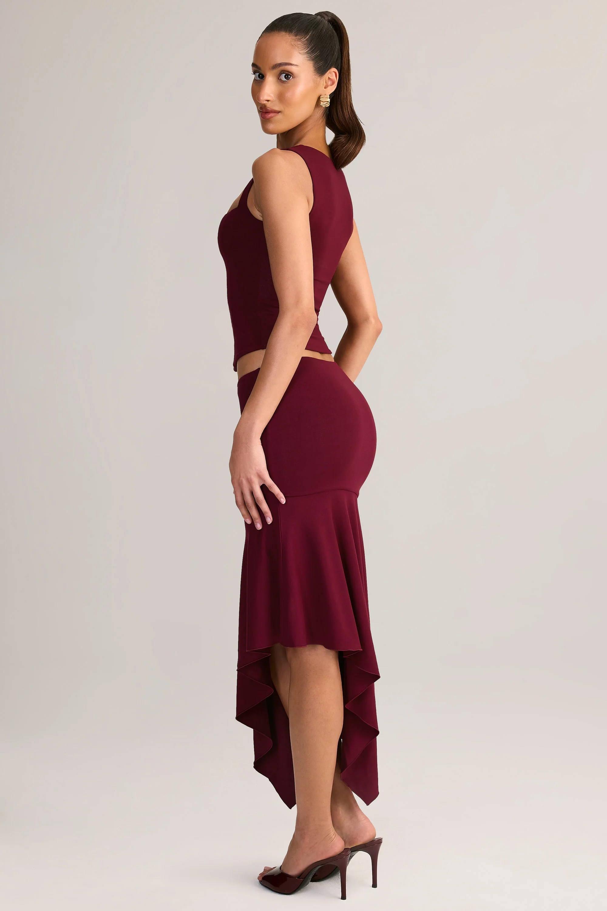 Modal Asymmetric Low-Rise Midaxi Skirt in Wine