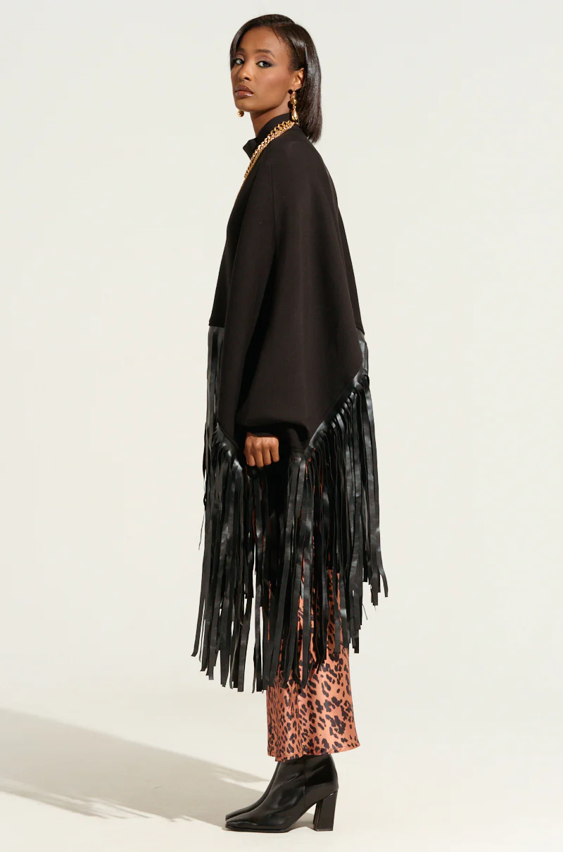 CITY GIRL FAUX LEATHER FRINGE SWEATSHIRT IN BLACK