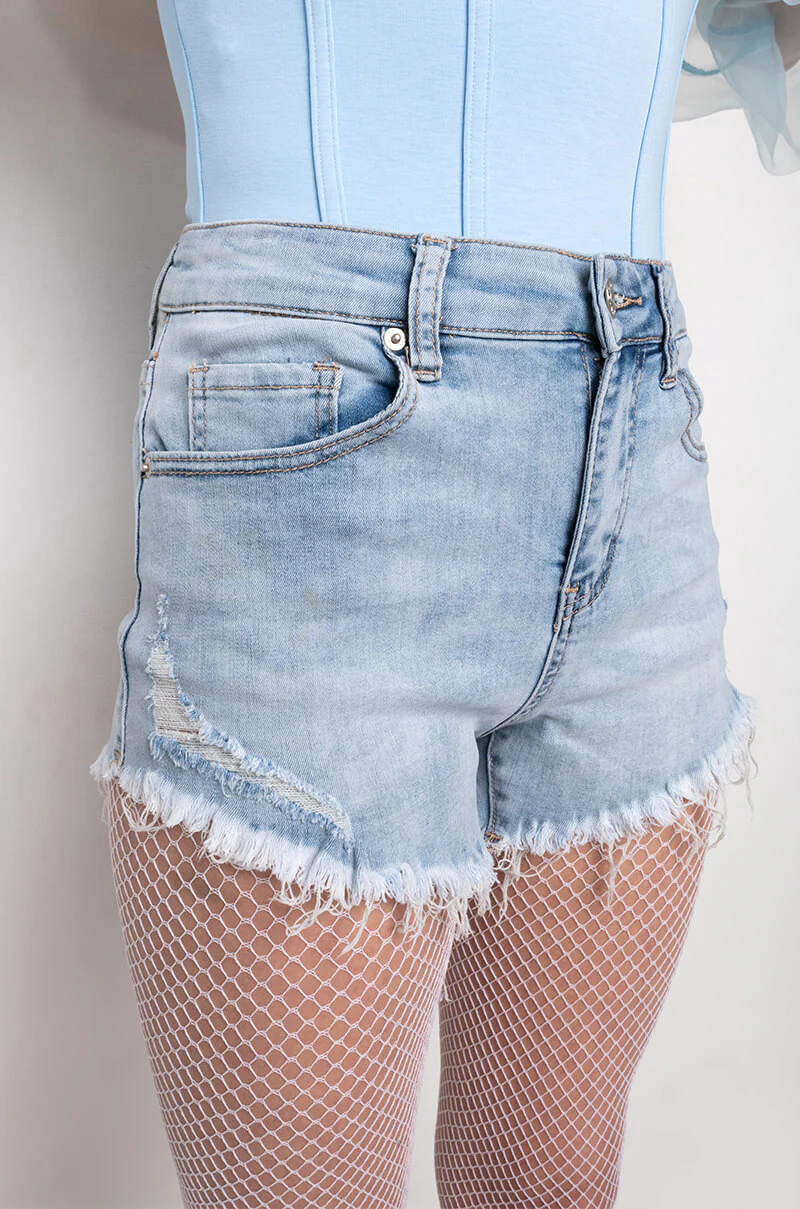 FLEX-FIT HIGH WAISTED SUPER STRETCHY LIGHT BLUE DENIM SHORTS