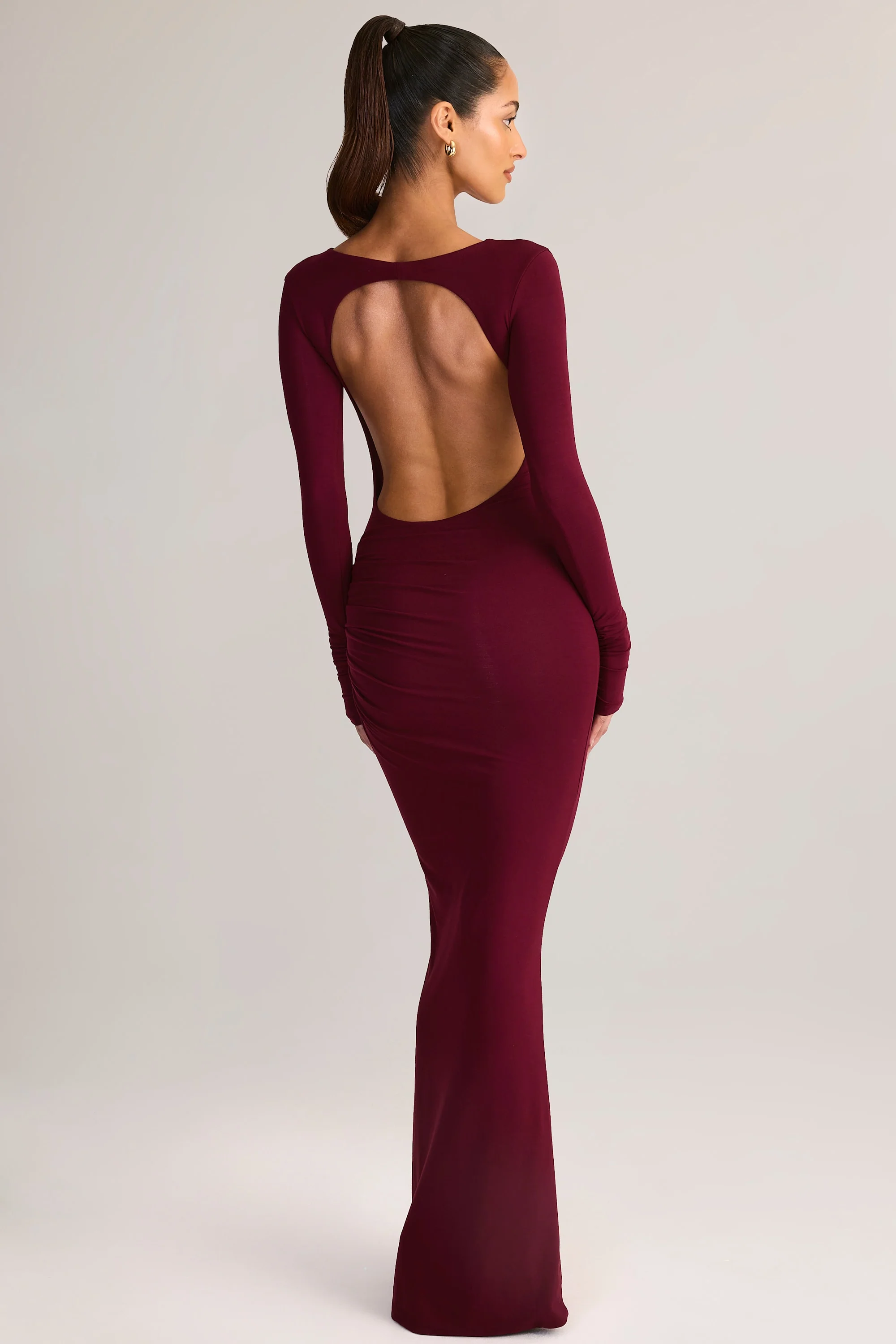 Modal Ruched Backless Maxi Dress in Wine