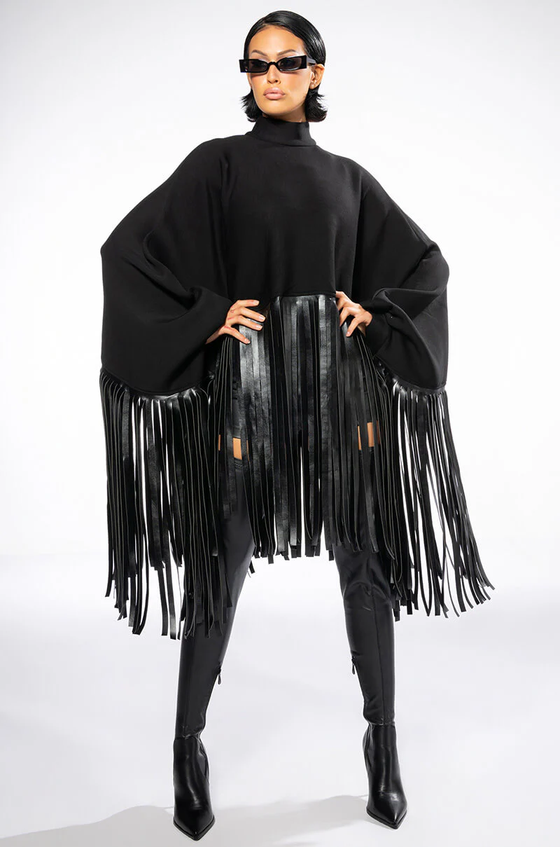 CITY GIRL FAUX LEATHER FRINGE SWEATSHIRT IN BLACK