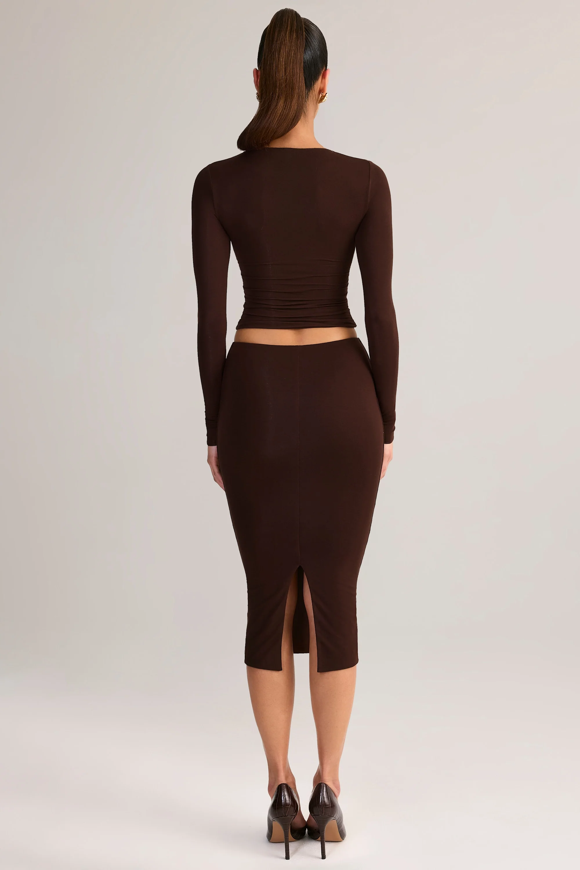 Modal Mid-Rise Pencil Skirt in Chocolate Brown