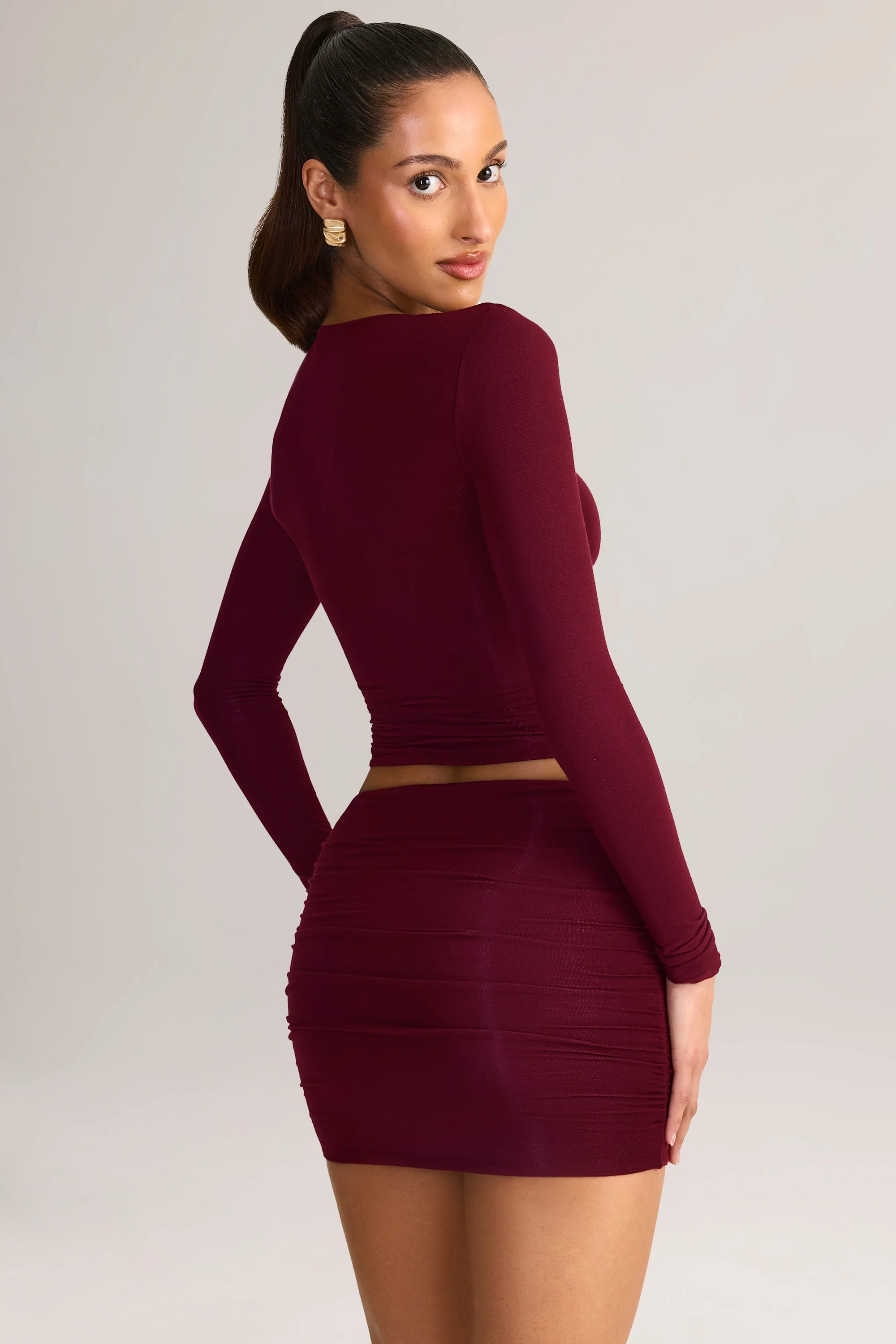 Modal Ruched Long-Sleeve Top in Wine