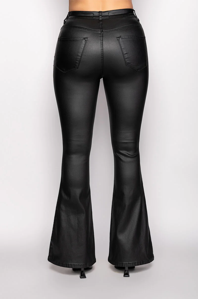 ON DUTY FAUX LEATHER HIGH RISE FLARE PANTS