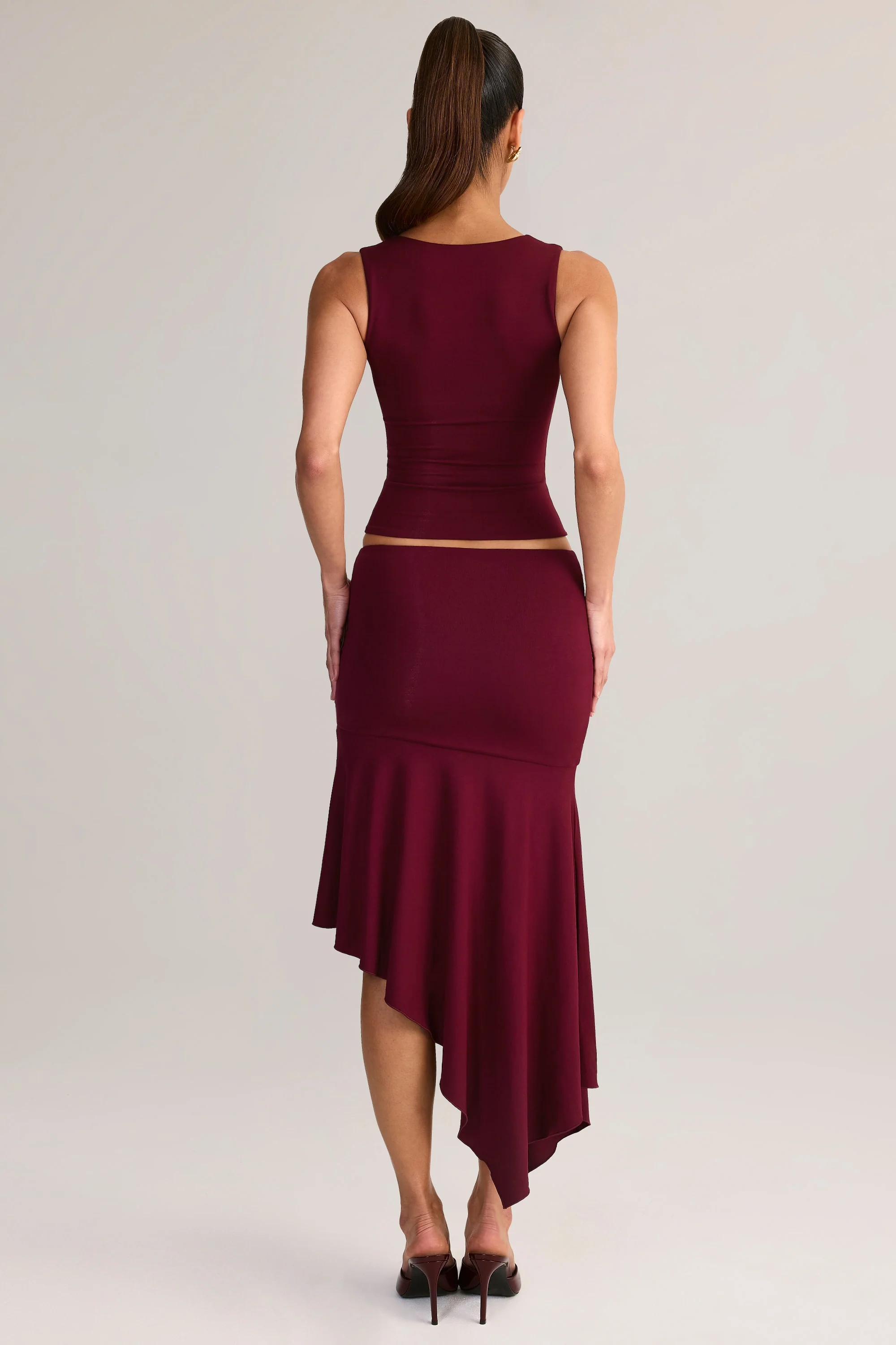 Modal Asymmetric Low-Rise Midaxi Skirt in Wine