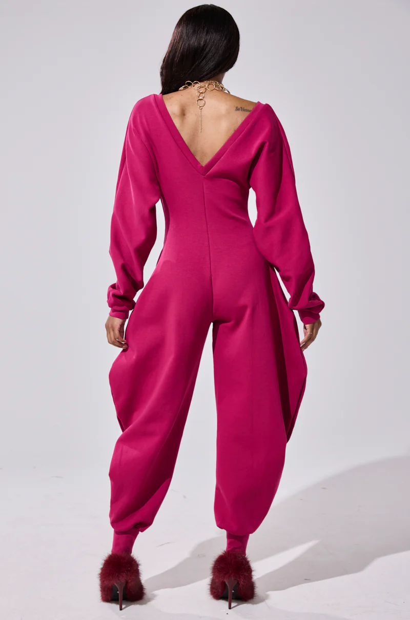 COMFY COZY SWEATSHIRT JUMPSUIT IN PLUM