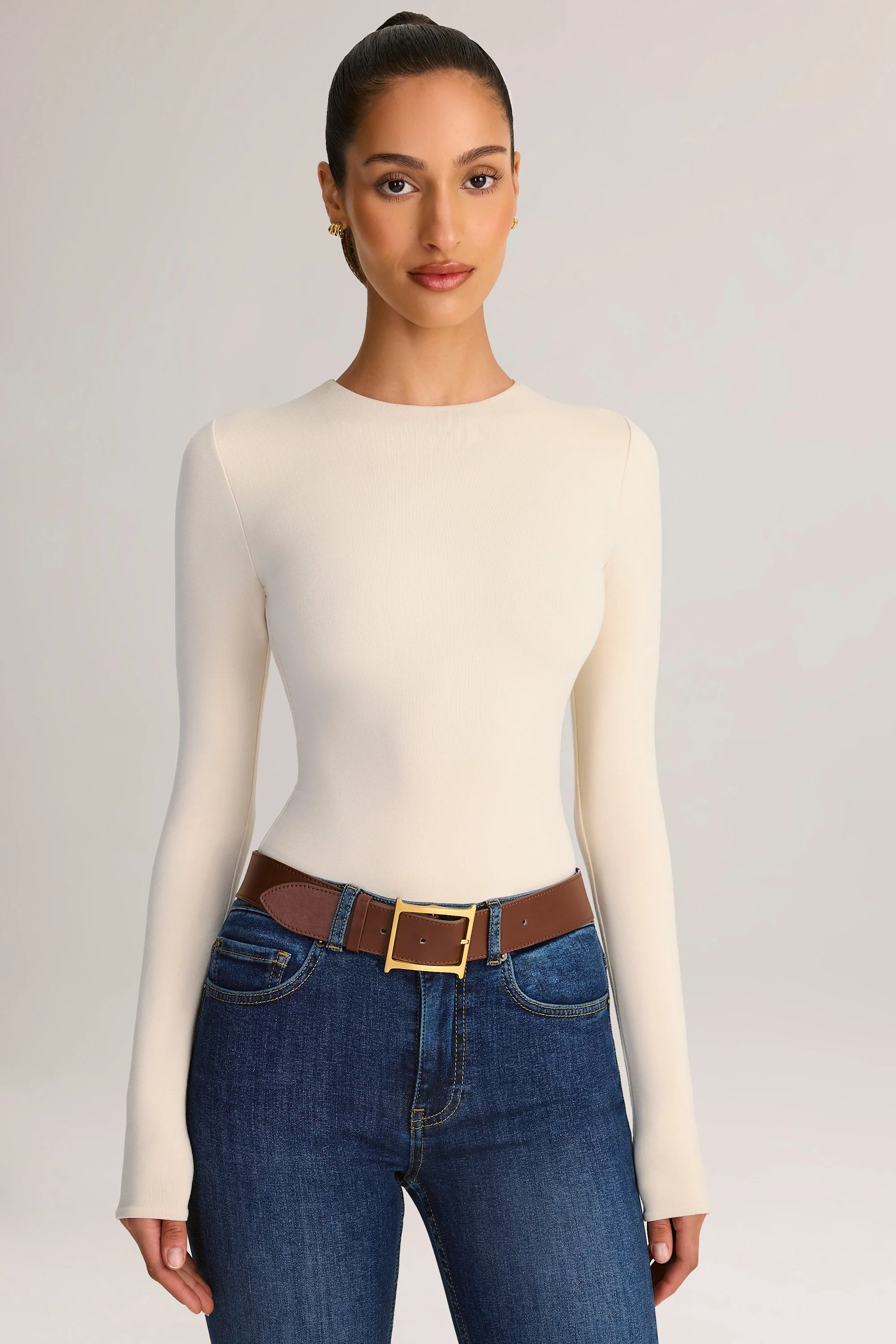 Modal Round-Neck Long-Sleeve Bodysuit in Cream