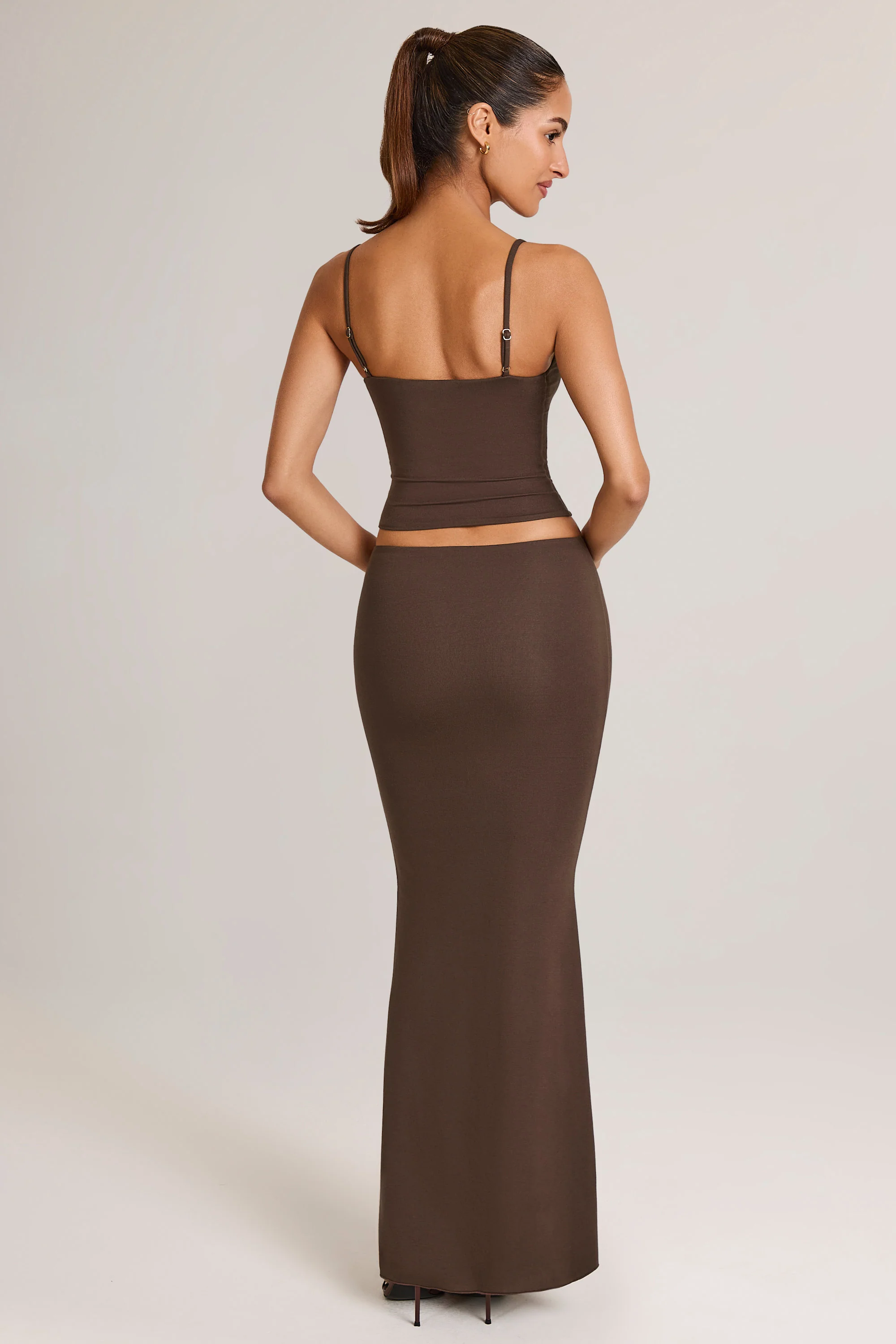 Modal Mid-Rise Fishtail Maxi Skirt in Chocolate Brown