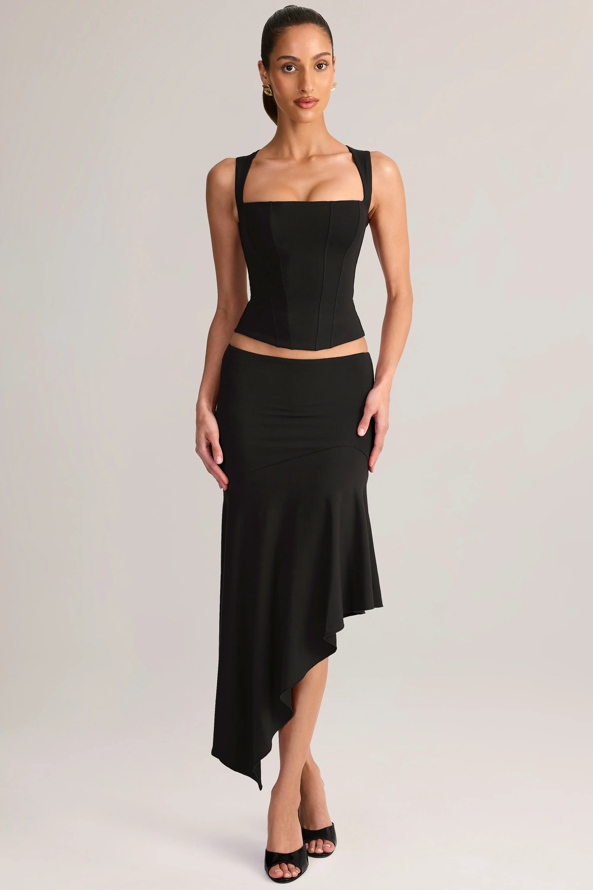 Modal Asymmetric Low-Rise Midaxi Skirt in Black