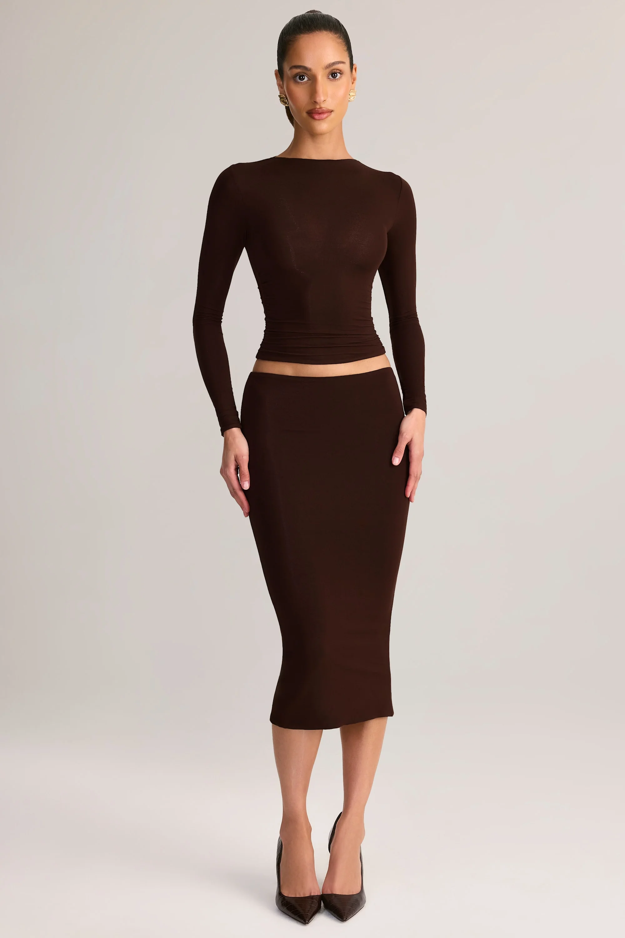 Modal Mid-Rise Pencil Skirt in Chocolate Brown