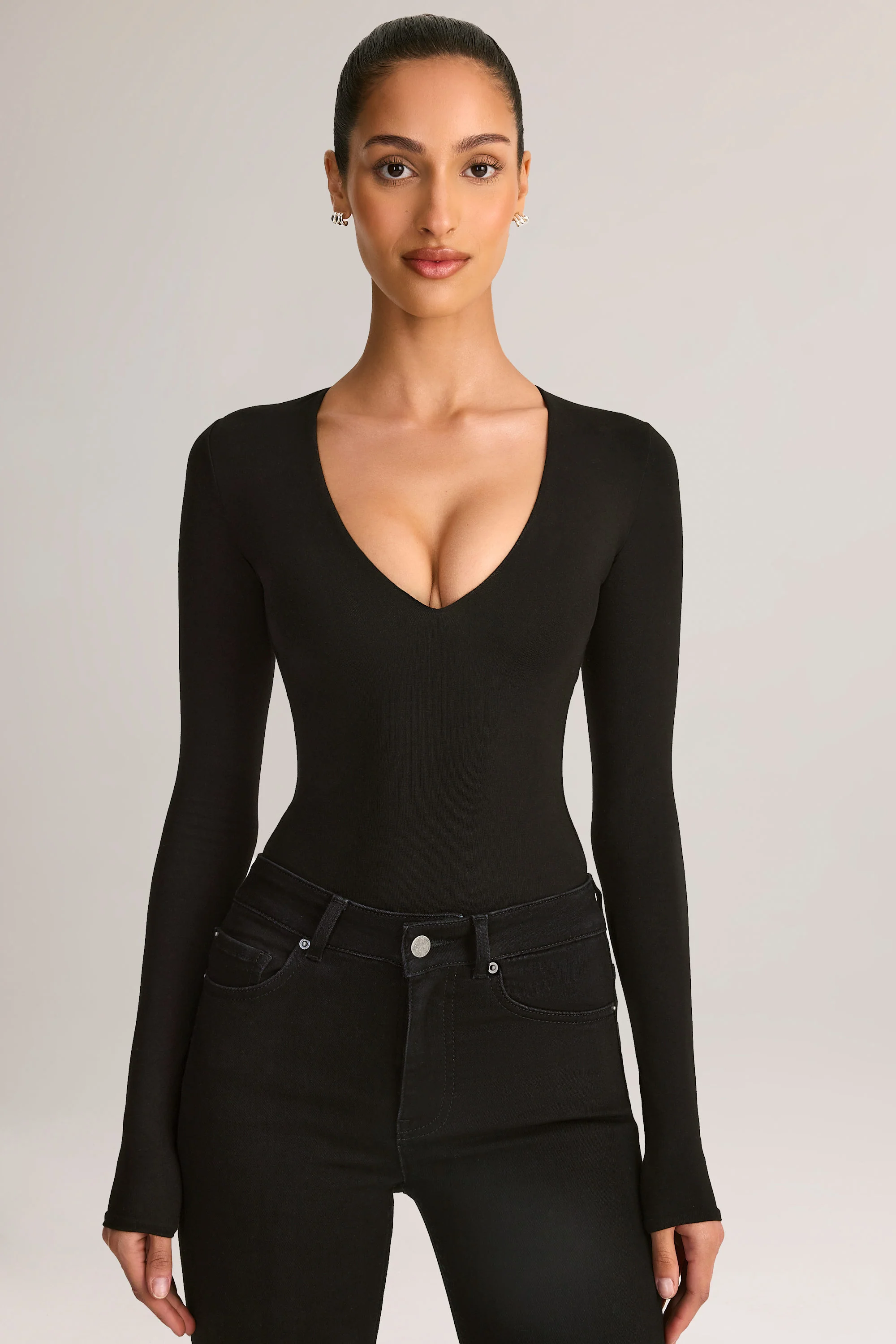 Modal Plunge Long-Sleeve Bodysuit in Black