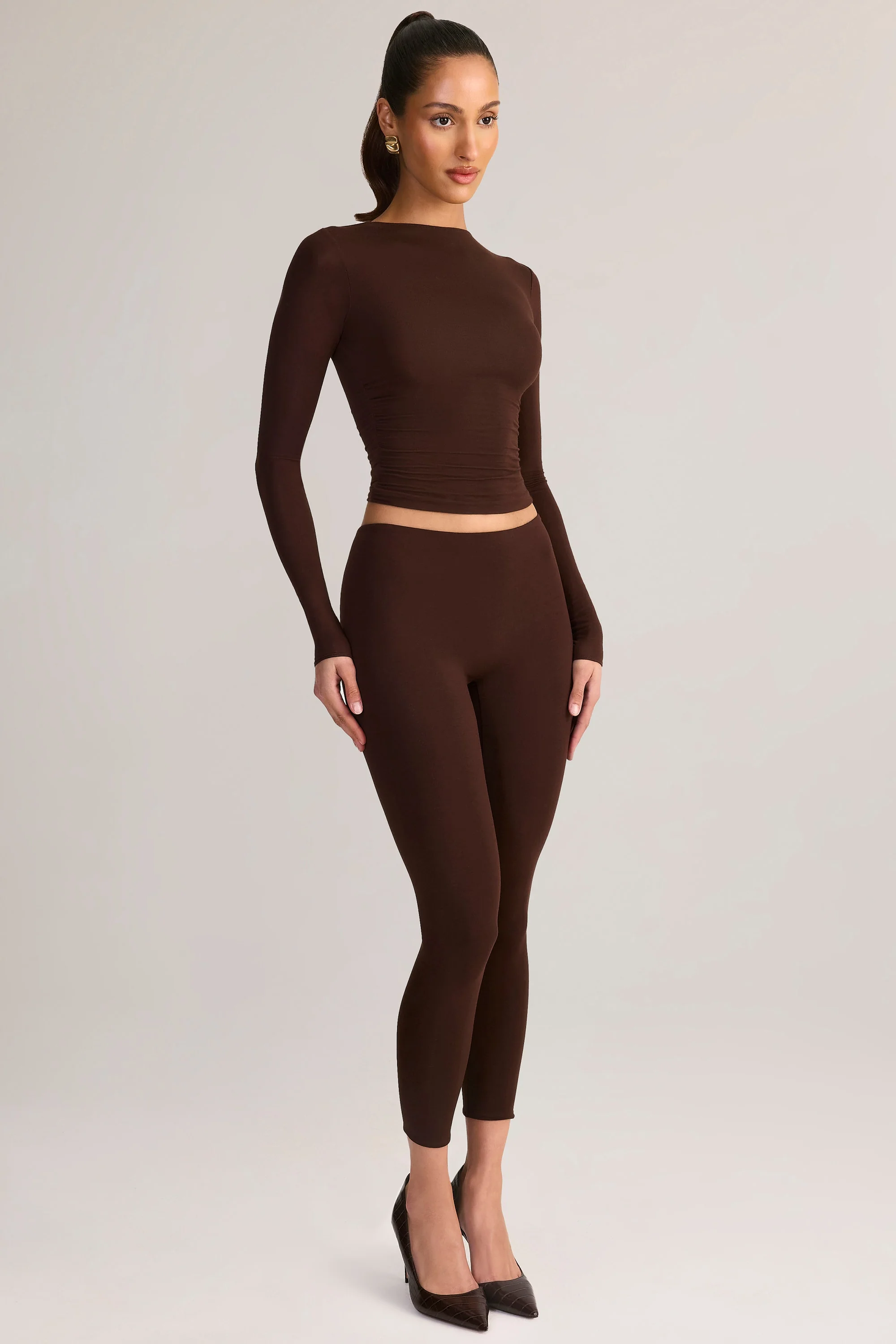Modal Ruched Long-Sleeve Top in Chocolate Brown