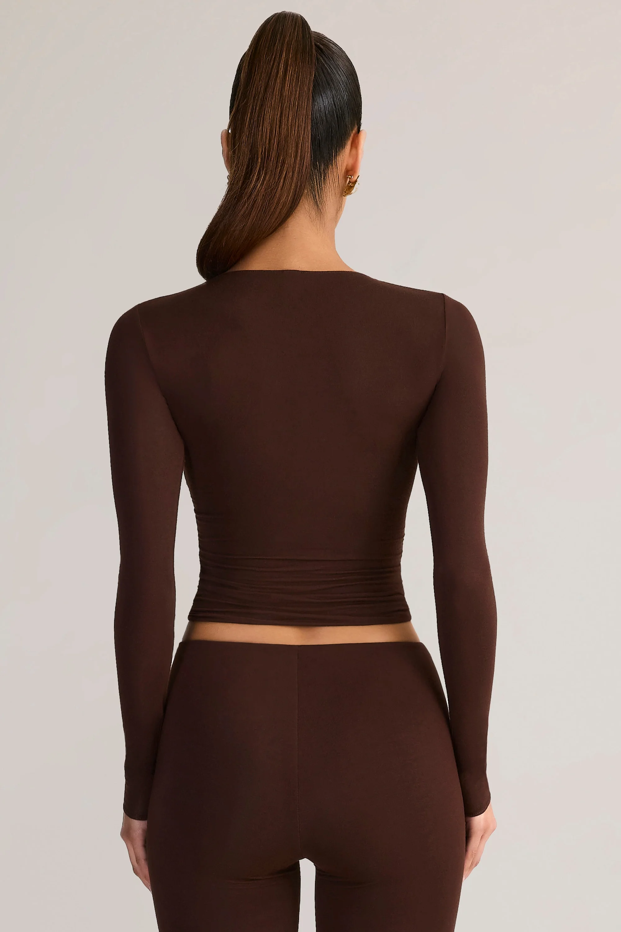 Modal Ruched Long-Sleeve Top in Chocolate Brown