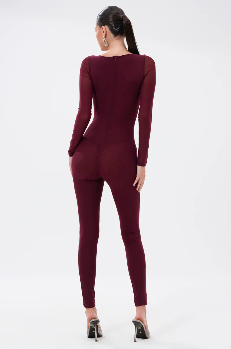 KEEPIN IT SIMPLE MESH JUMPSUIT IN BURGUNDY