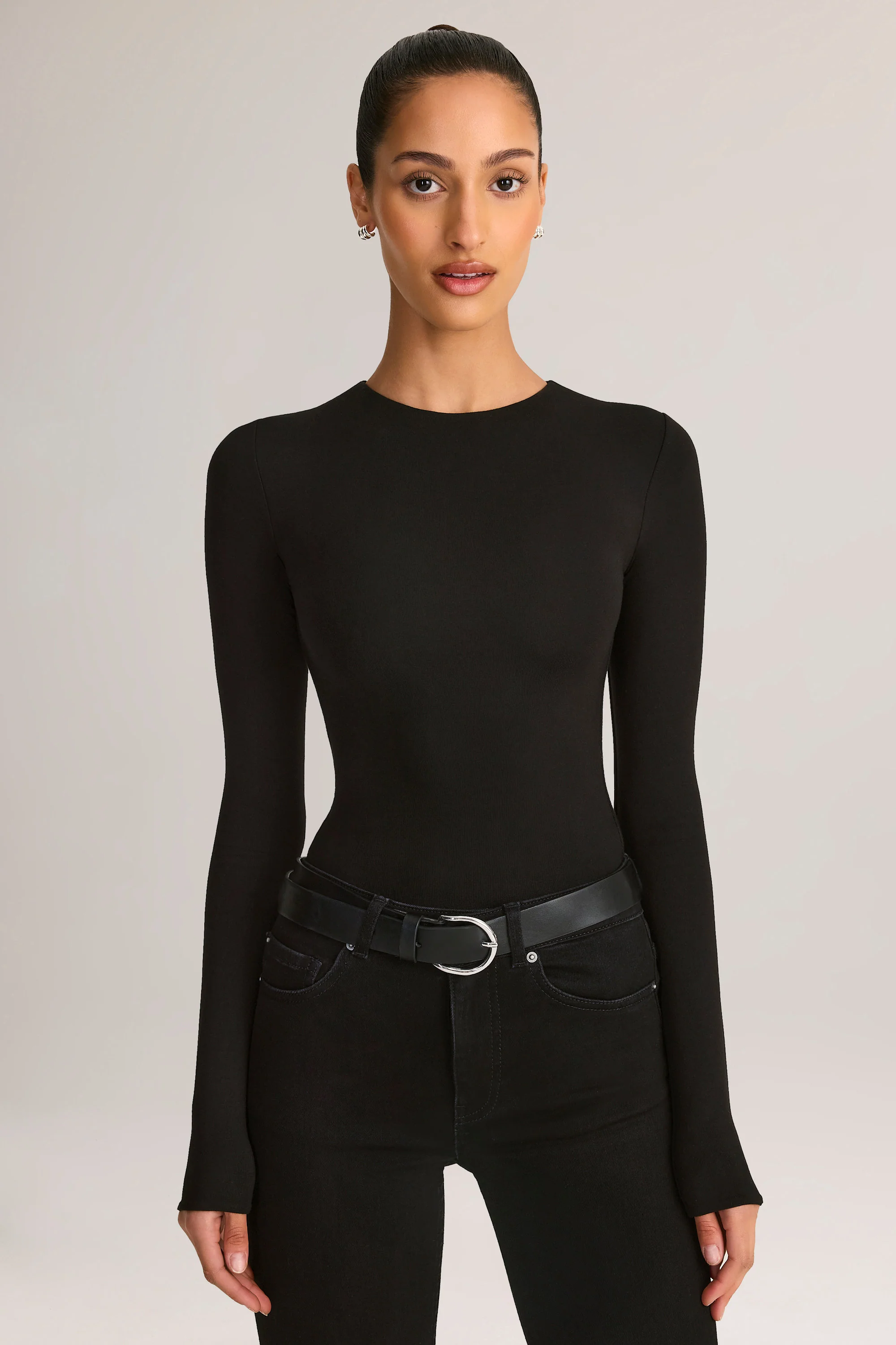 Modal Round-Neck Long-Sleeve Bodysuit in Black