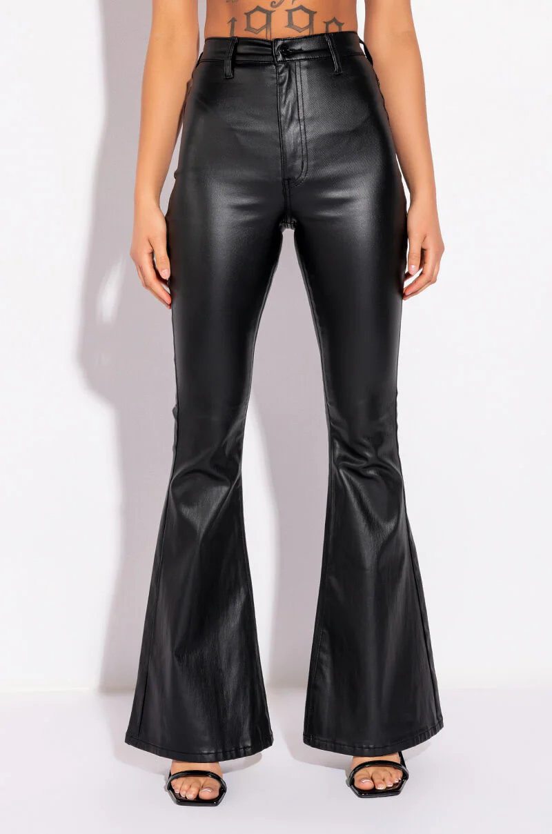 ON DUTY FAUX LEATHER HIGH RISE FLARE PANTS