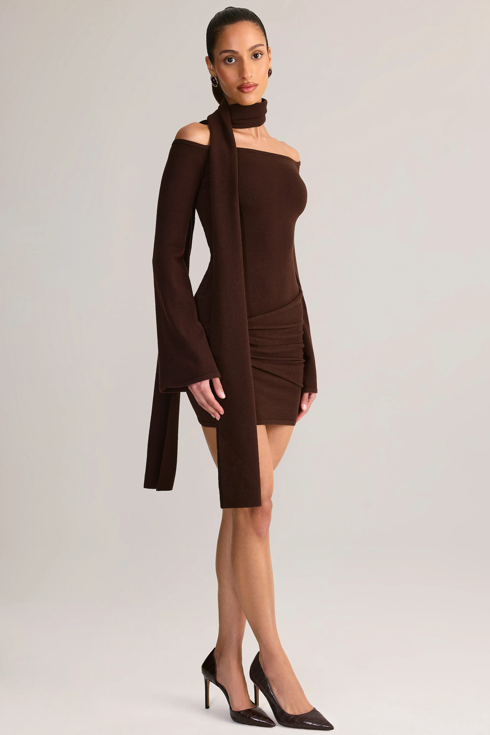 Knit Scarf-Detail Off-Shoulder Mini Dress in Chocolate Brown