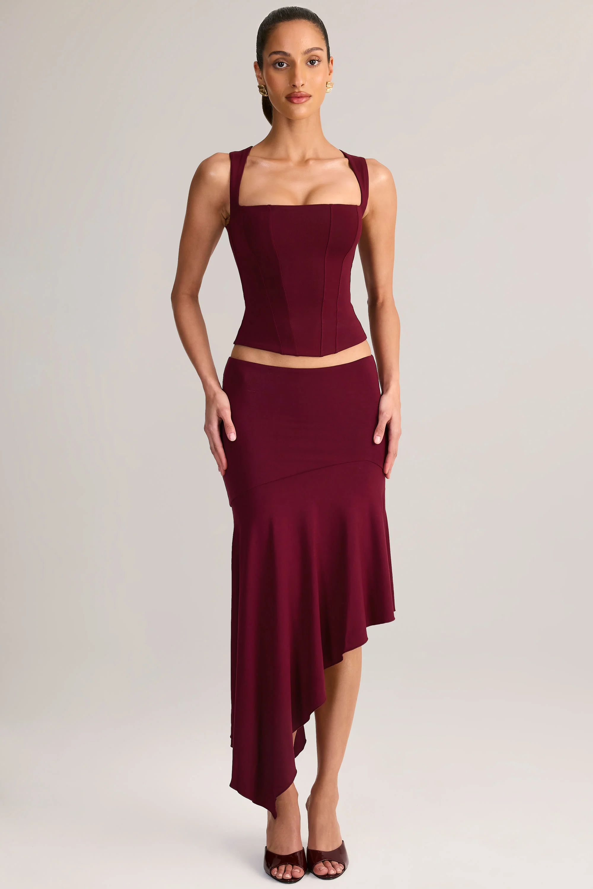 Modal Asymmetric Low-Rise Midaxi Skirt in Wine