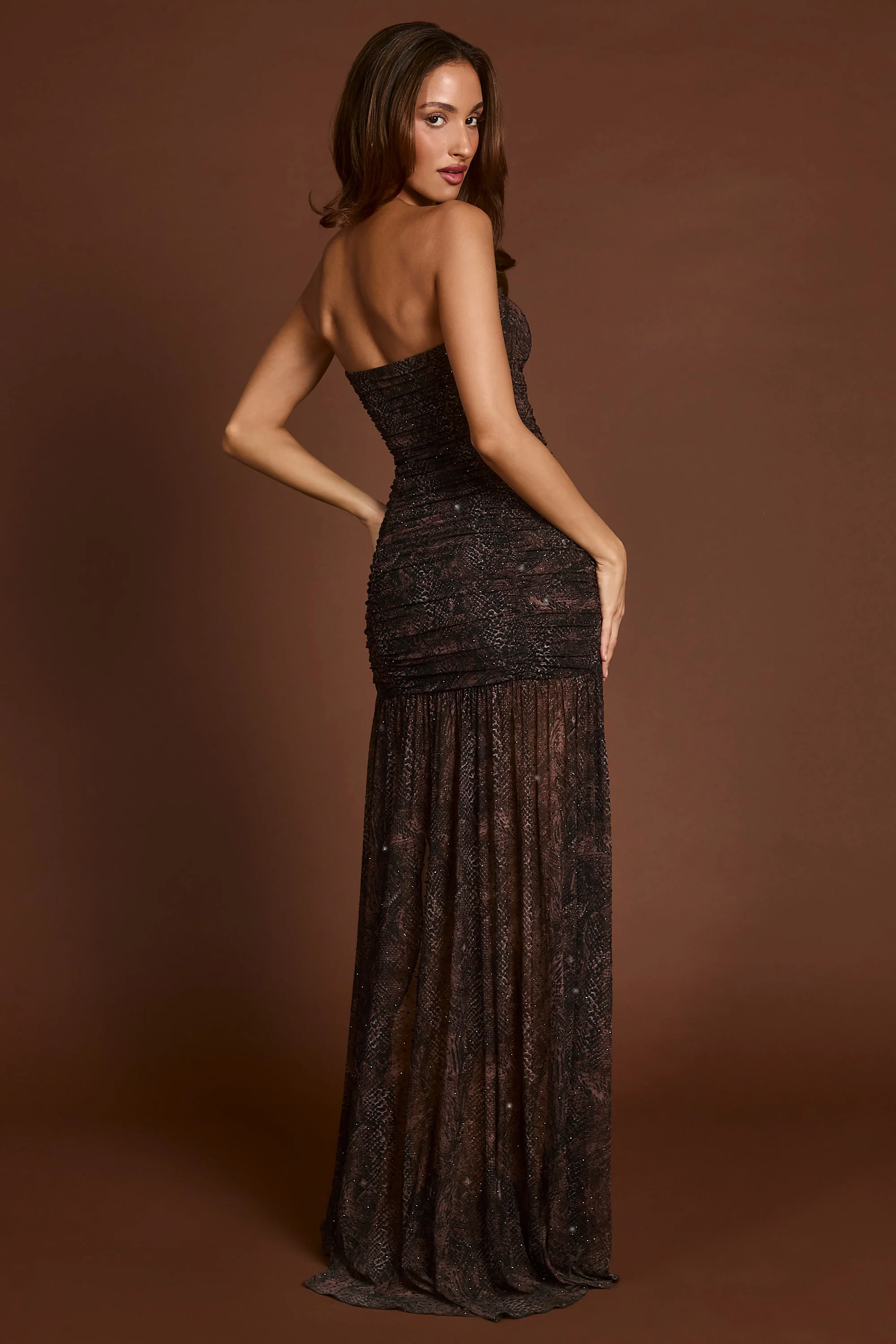 Embellished Bandeau Gathered Maxi Dress in Snake Hotfix