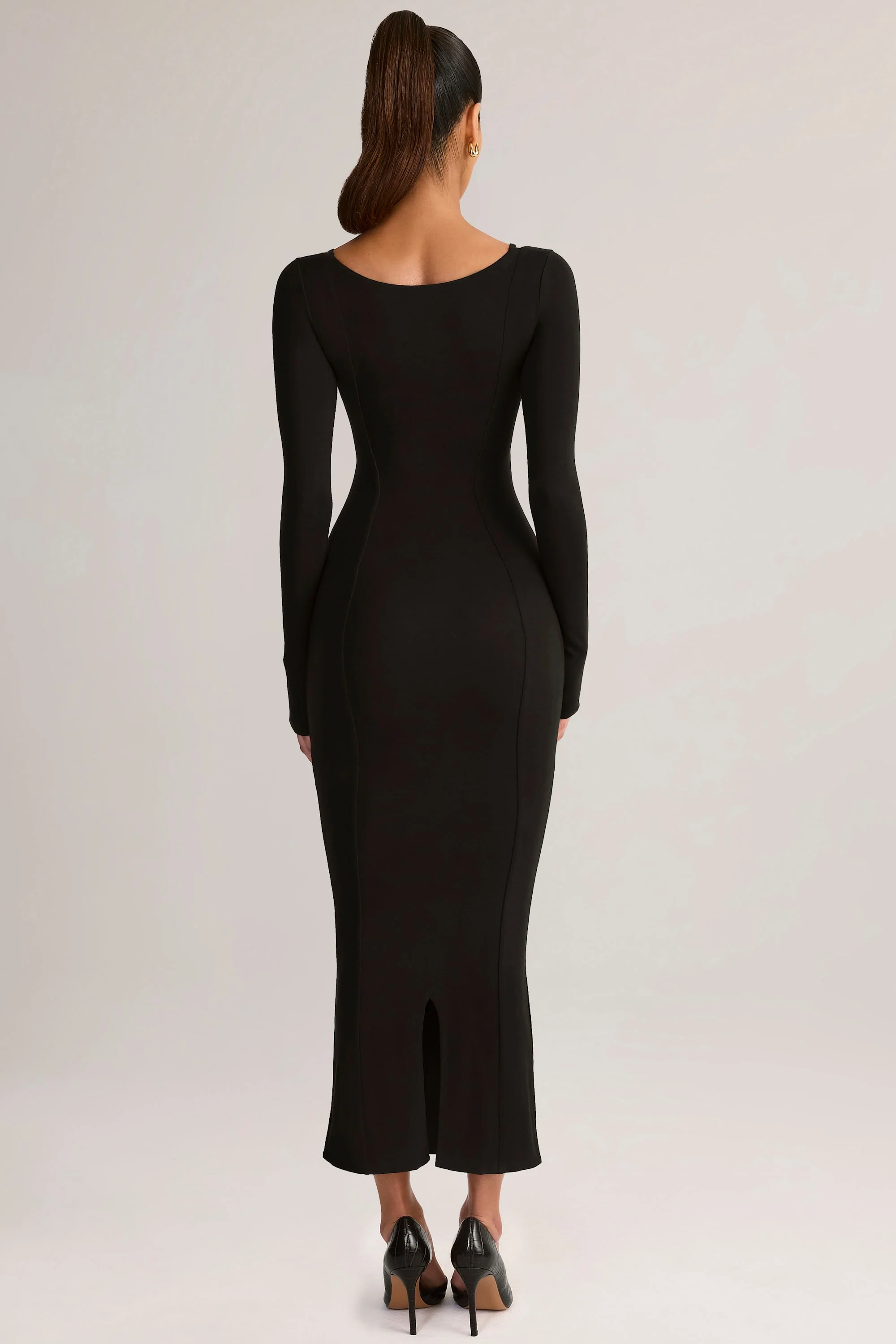 Modal Peekaboo Long-Sleeve Midi Dress in Black