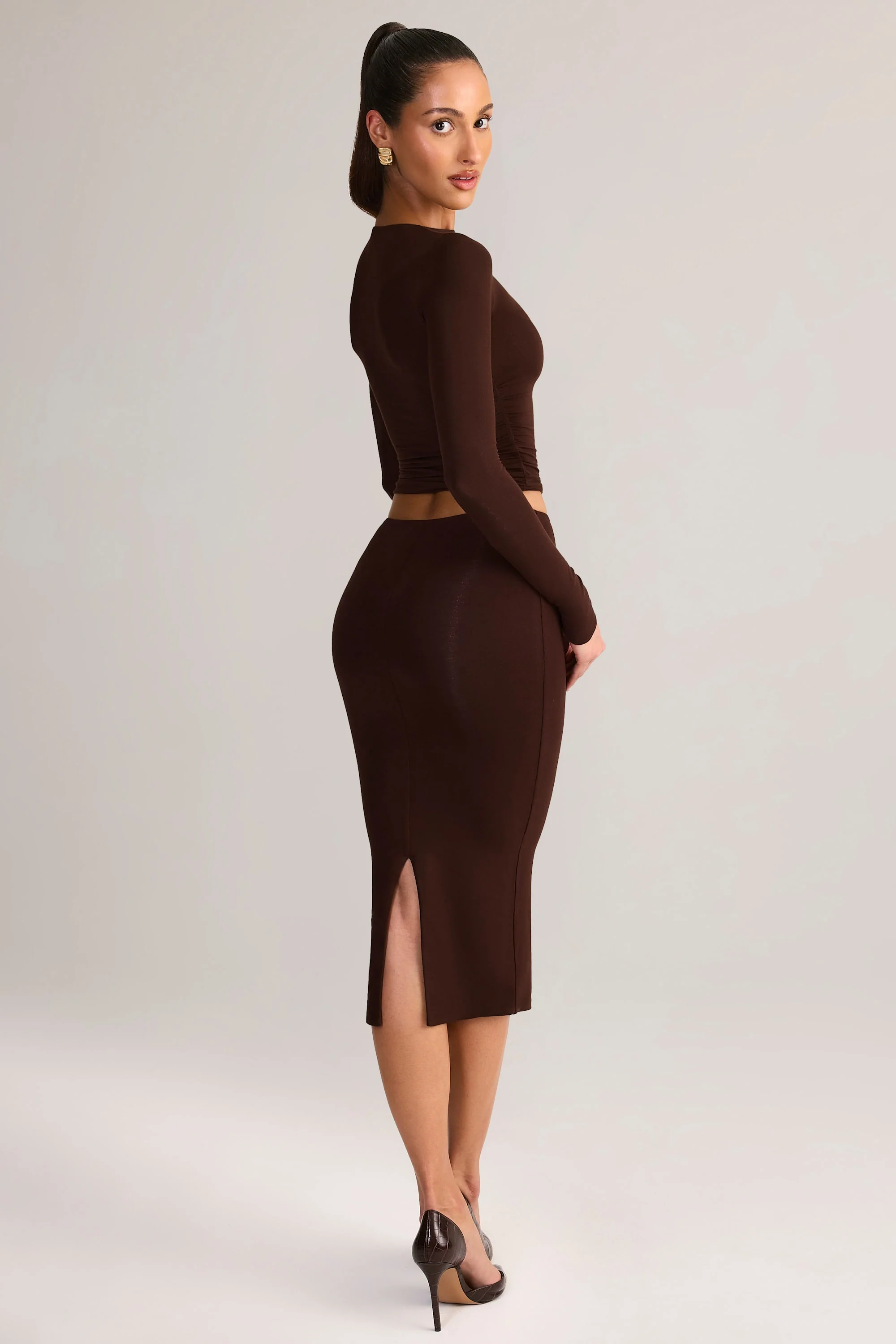 Modal Mid-Rise Pencil Skirt in Chocolate Brown