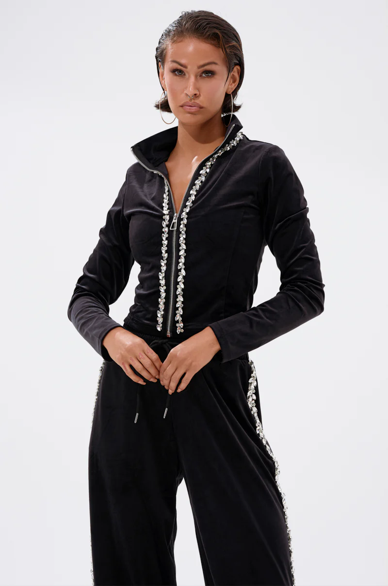 DARA RHINESTONE MOCK NECK ZIP-UP SWEATSHIRT