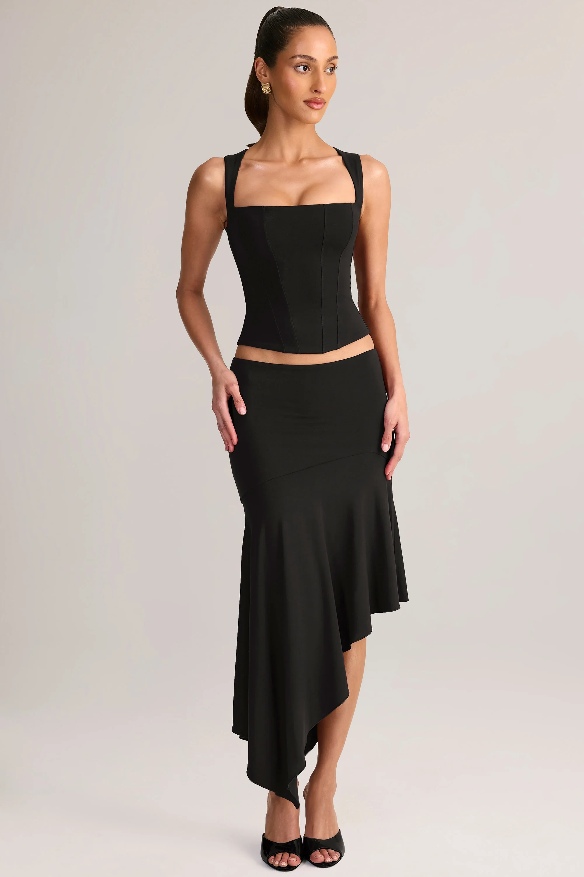 Modal Asymmetric Low-Rise Midaxi Skirt in Black