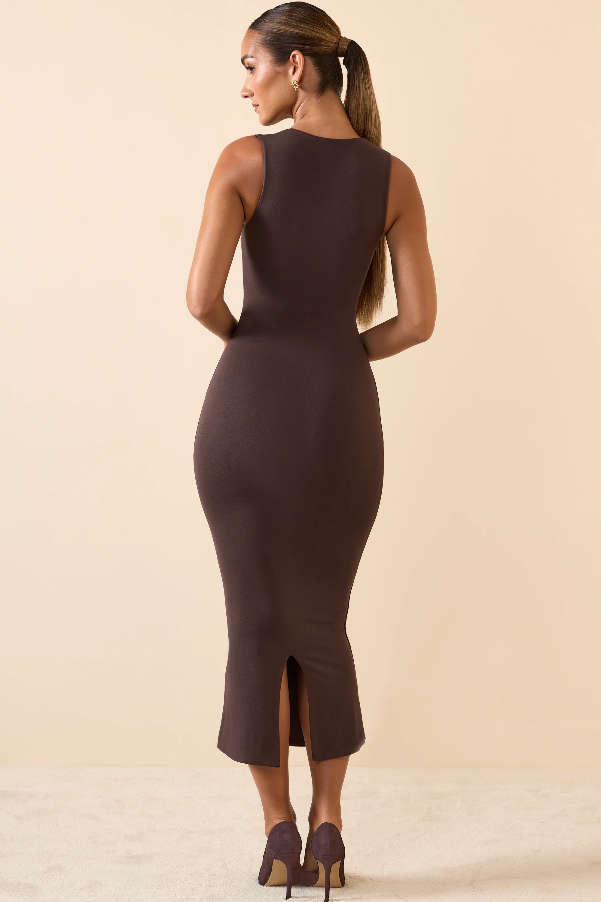 Square Neck Midi Dress in Chocolate Brown