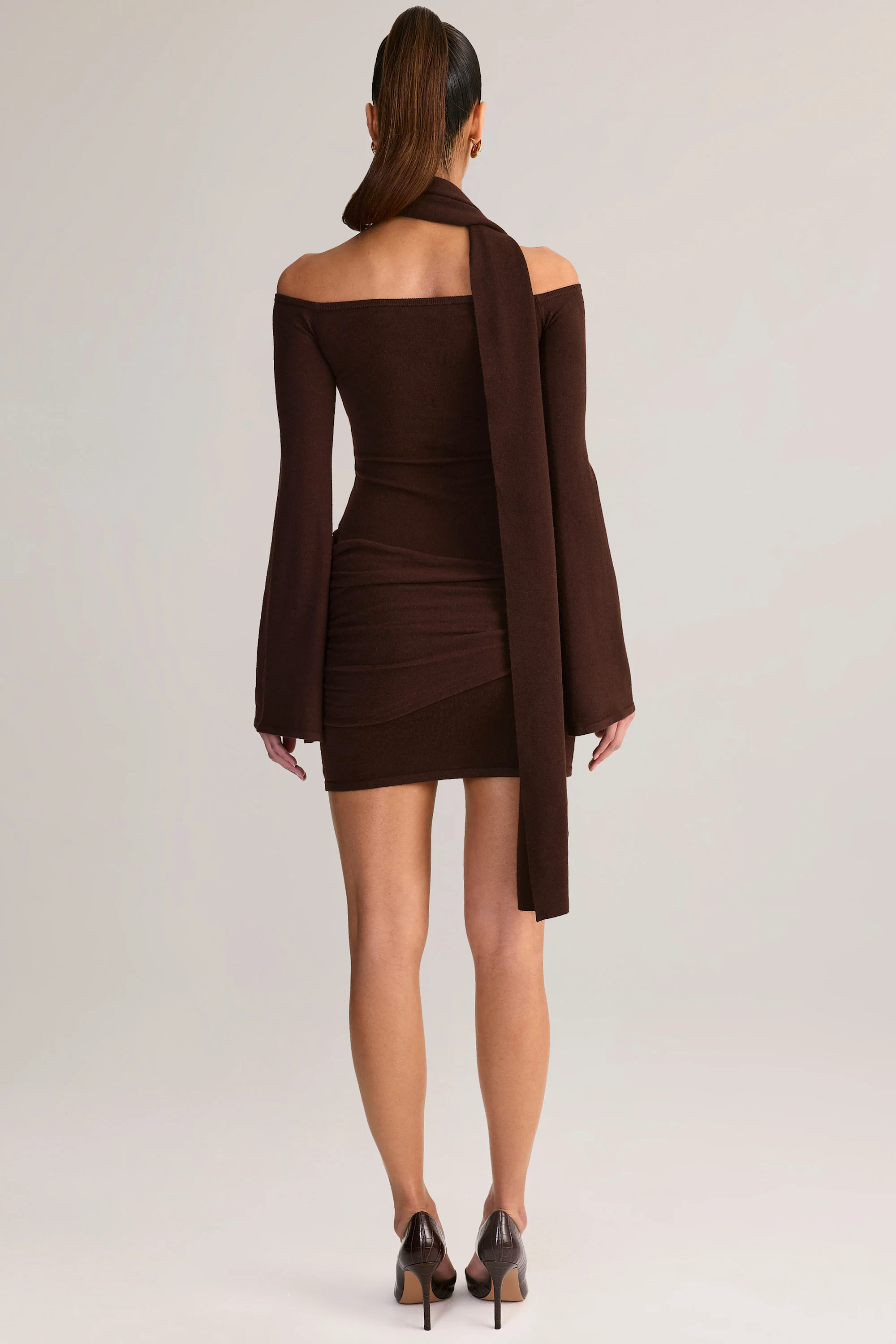Knit Scarf-Detail Off-Shoulder Mini Dress in Chocolate Brown
