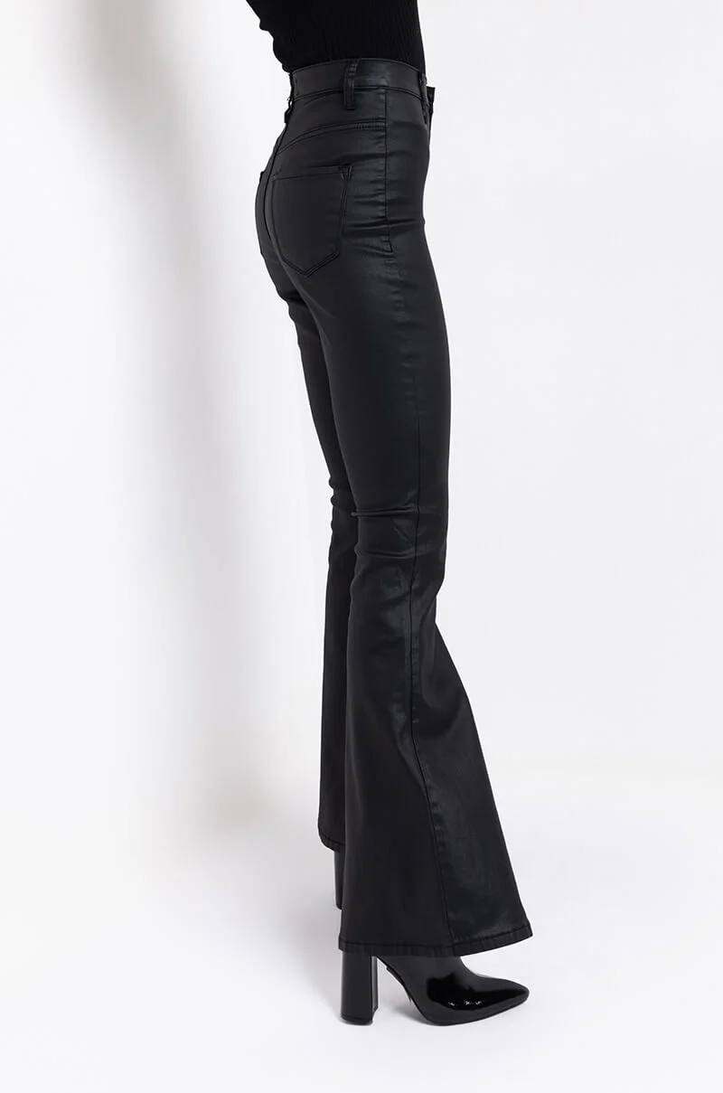 ON DUTY FAUX LEATHER HIGH RISE FLARE PANTS