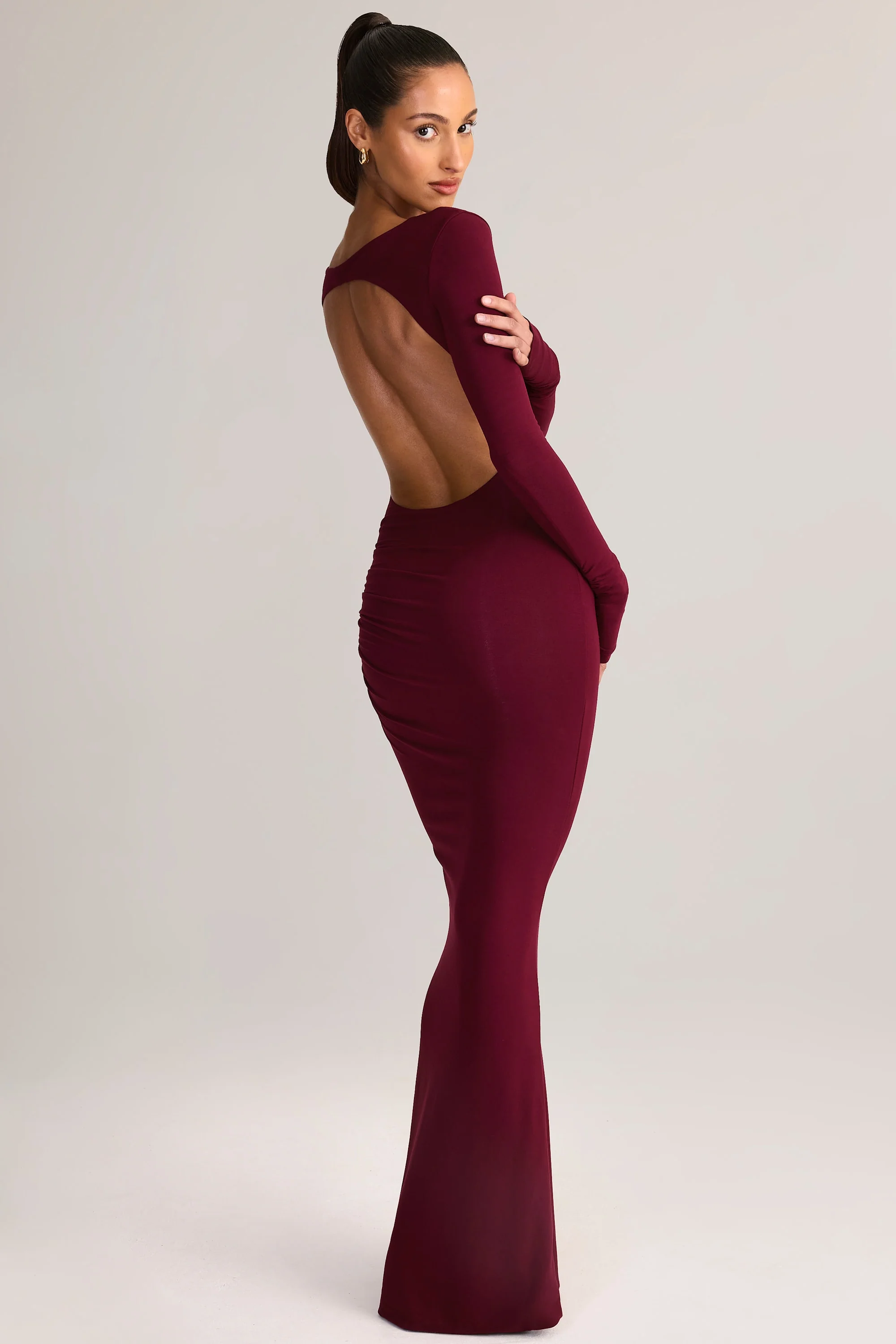 Modal Ruched Backless Maxi Dress in Wine