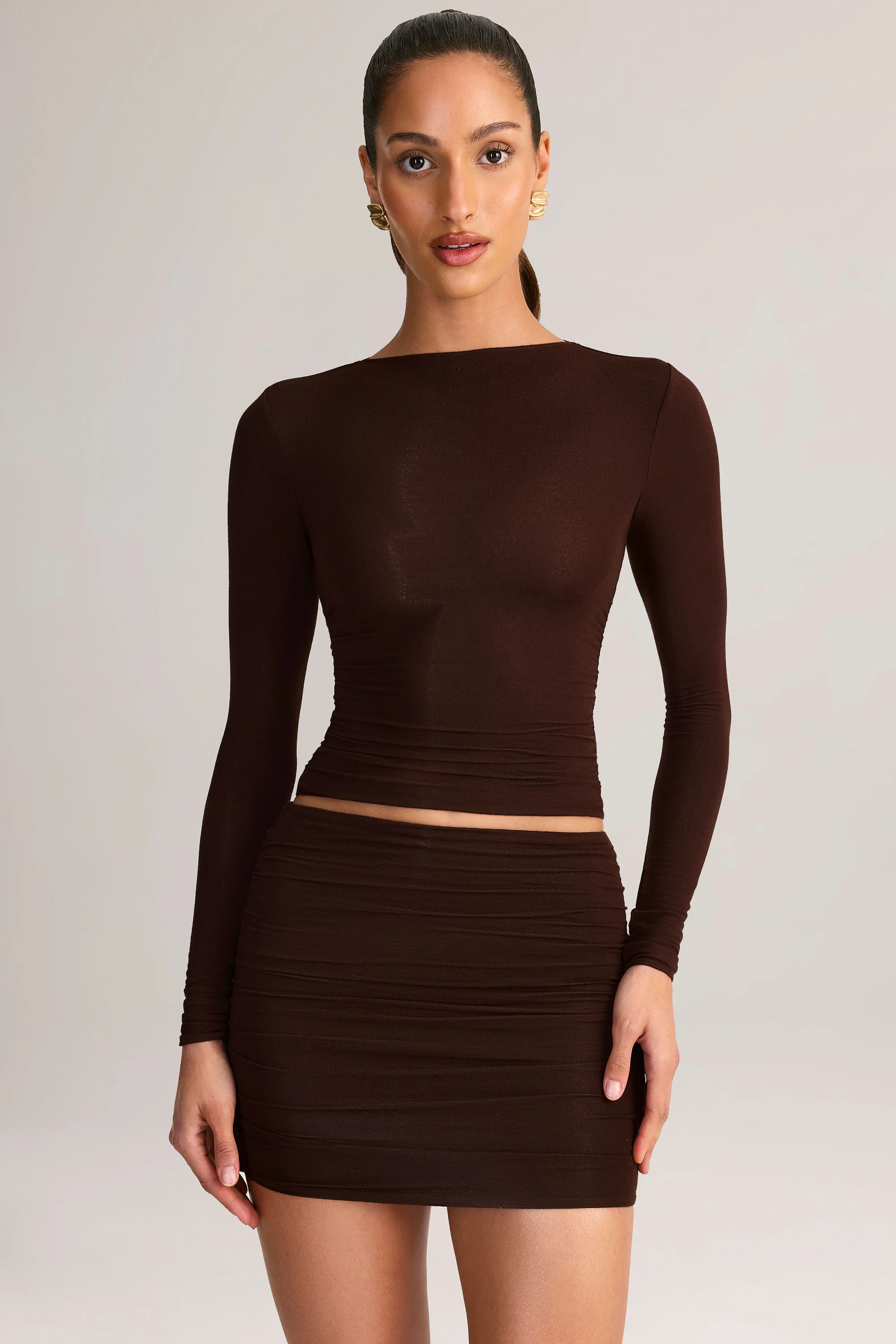 Modal Ruched Long-Sleeve Top in Chocolate Brown