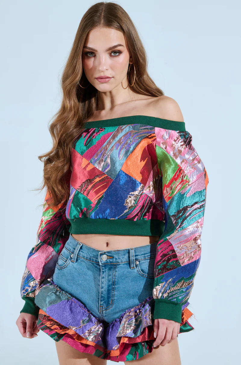 LIFE IS BUT A DREAM OFF THE SHOULDER MULTI PRINT SWEATSHIRT
