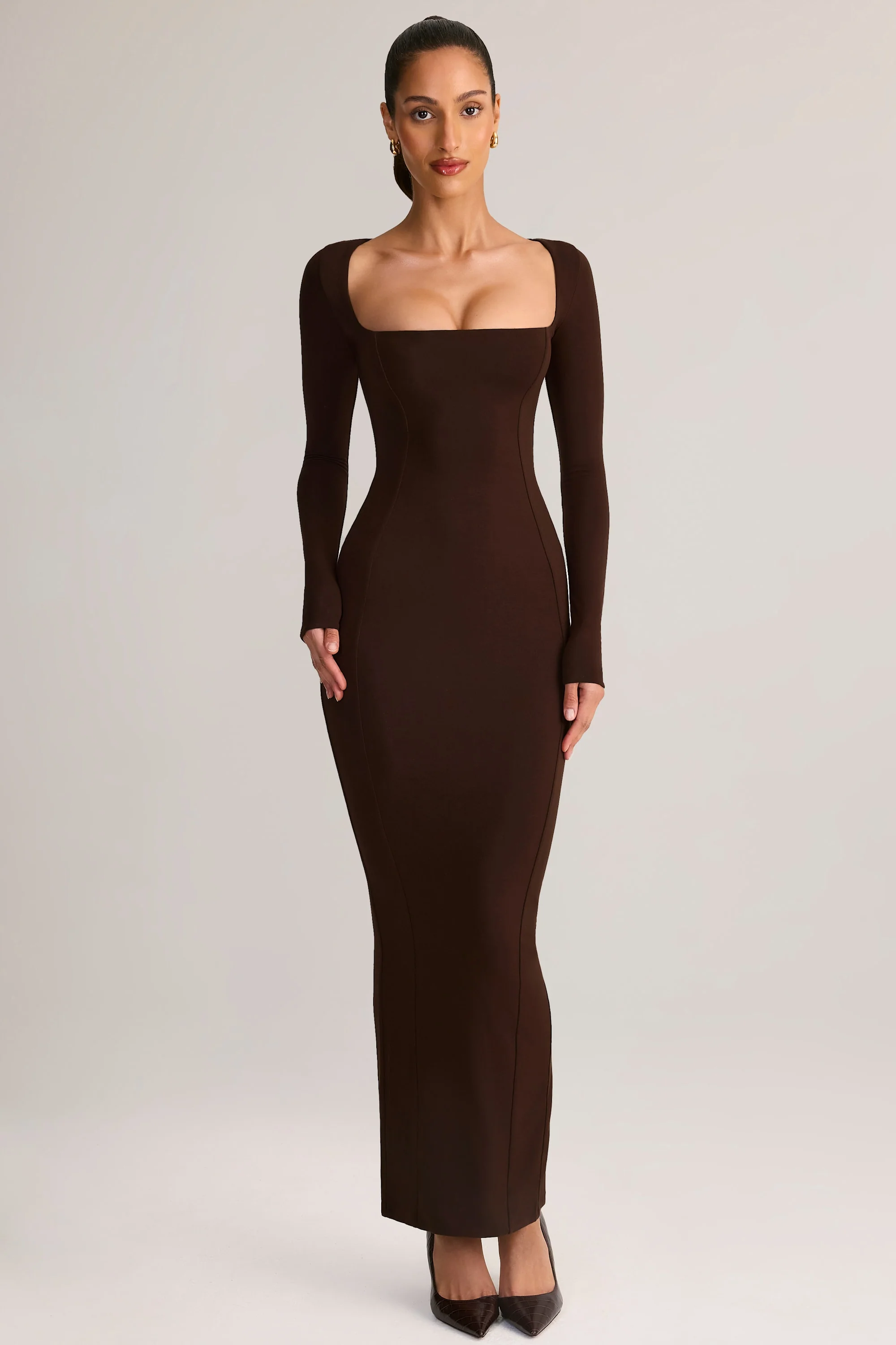 Modal Square-Neck Maxi Dress in Chocolate Brown