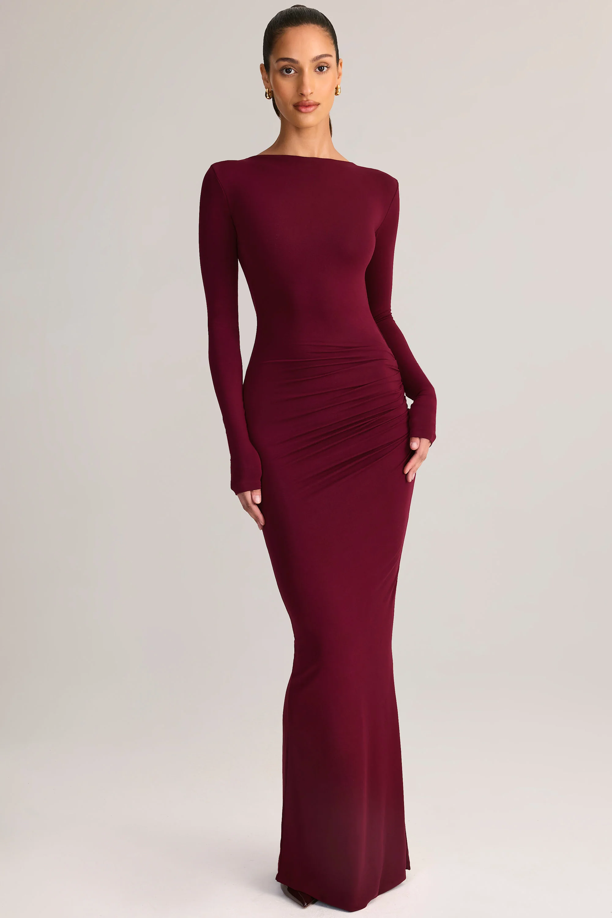Modal Ruched Backless Maxi Dress in Wine