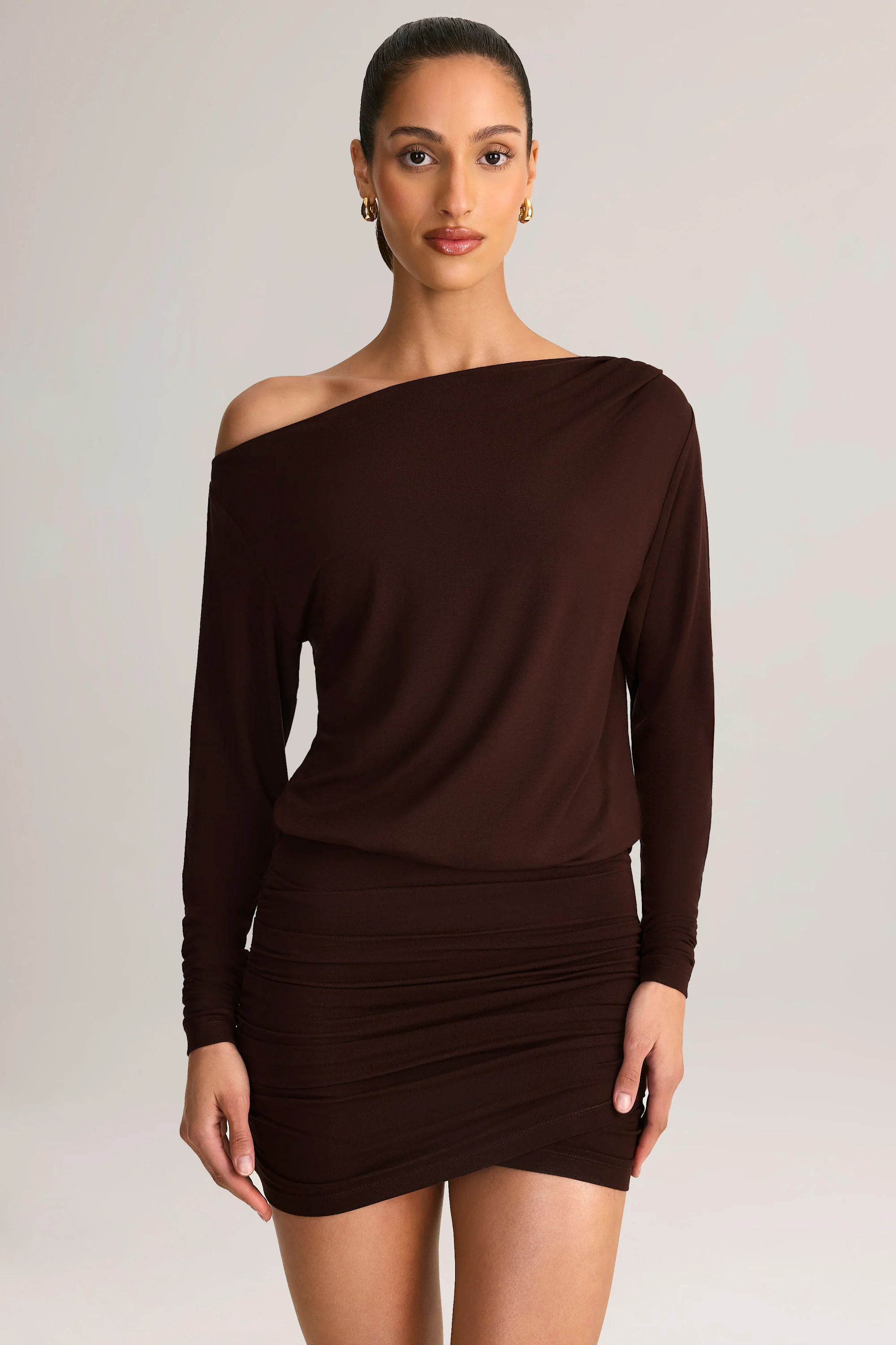 Modal Off-Shoulder Mini Dress in Chocolate Brown