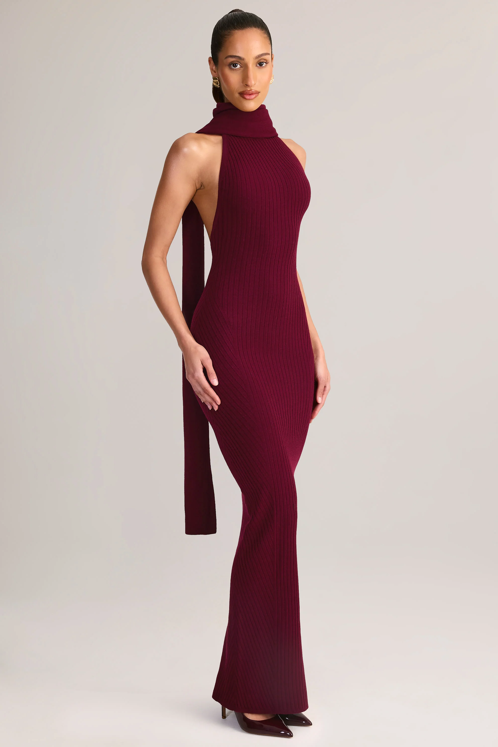 Knit Scarf-Detail Halterneck Maxi Dress in Wine