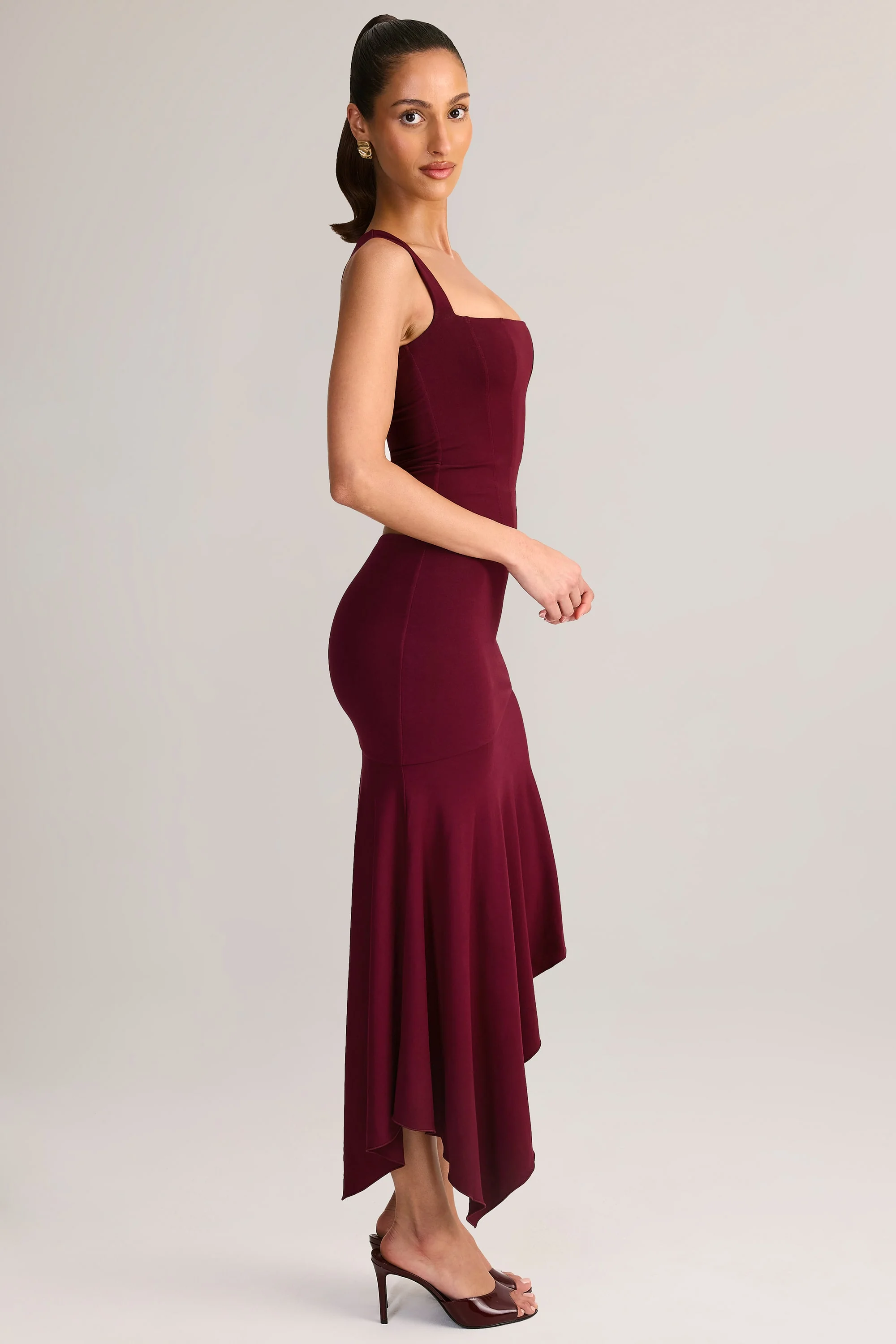 Modal Asymmetric Low-Rise Midaxi Skirt in Wine