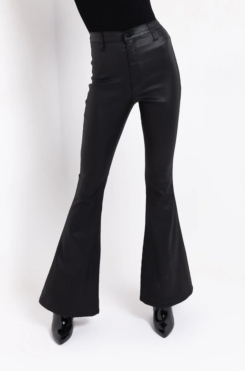 ON DUTY FAUX LEATHER HIGH RISE FLARE PANTS