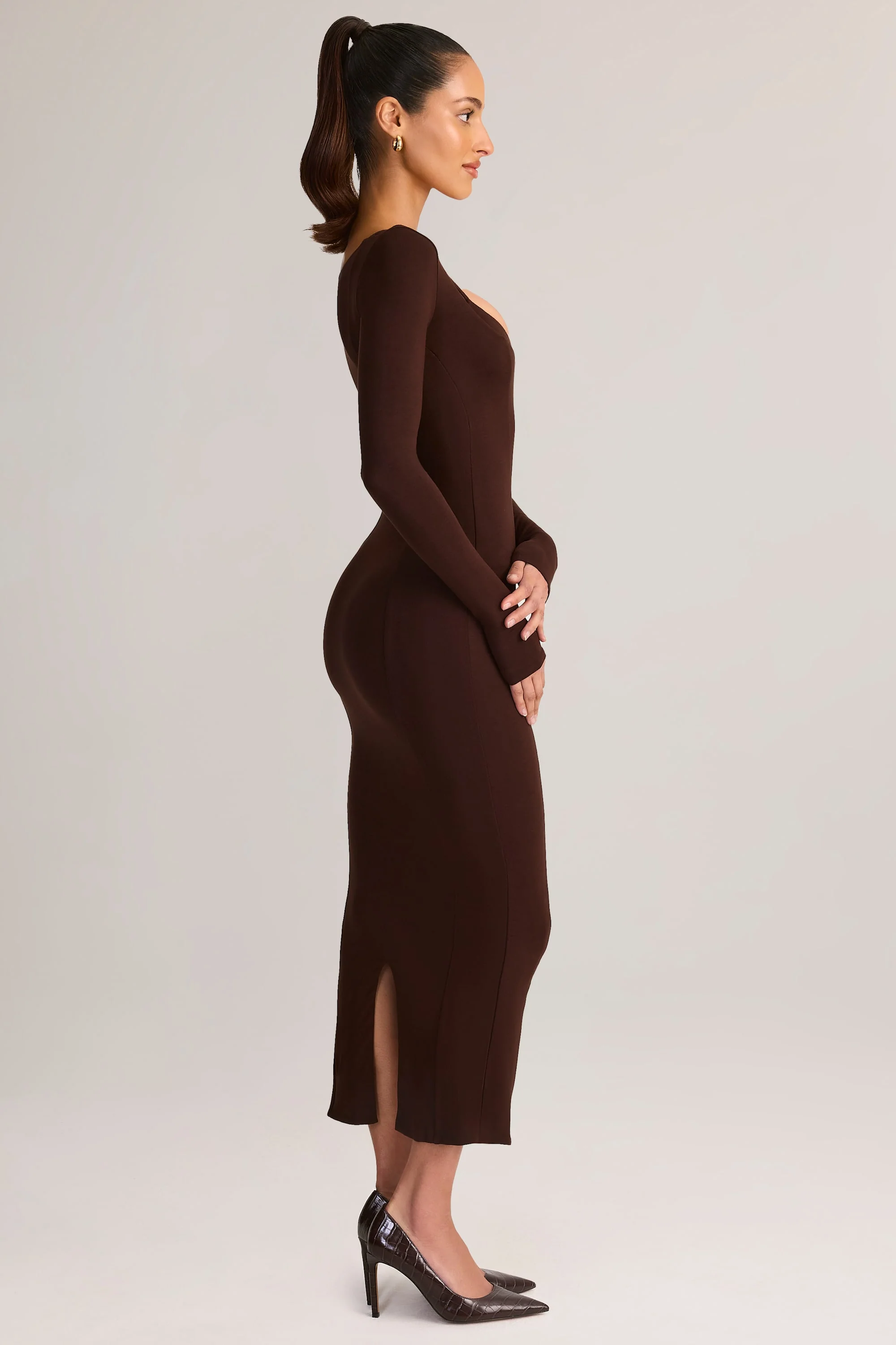 Modal Peekaboo Long-Sleeve Midi Dress in Chocolate Brown