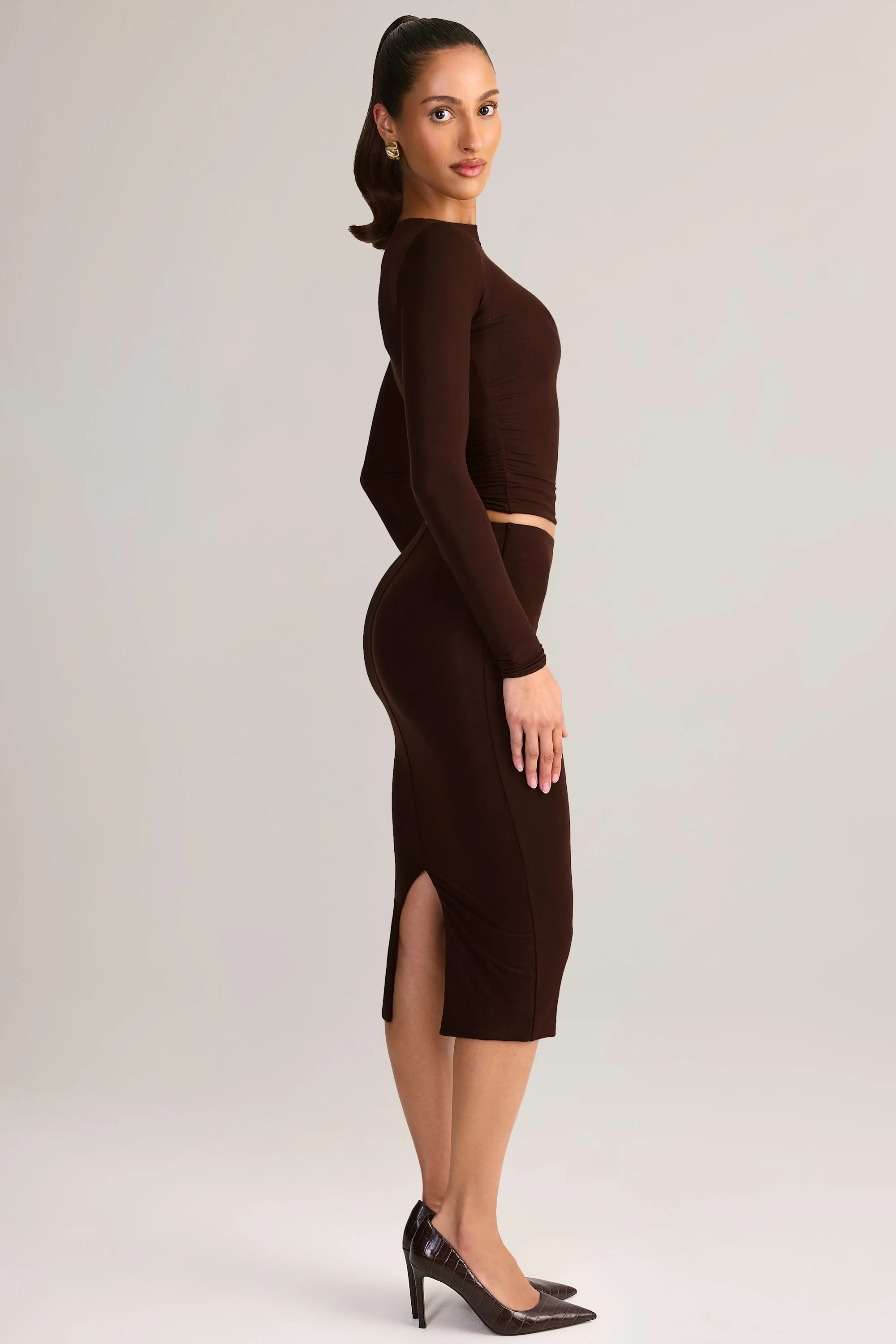 Modal Mid-Rise Pencil Skirt in Chocolate Brown