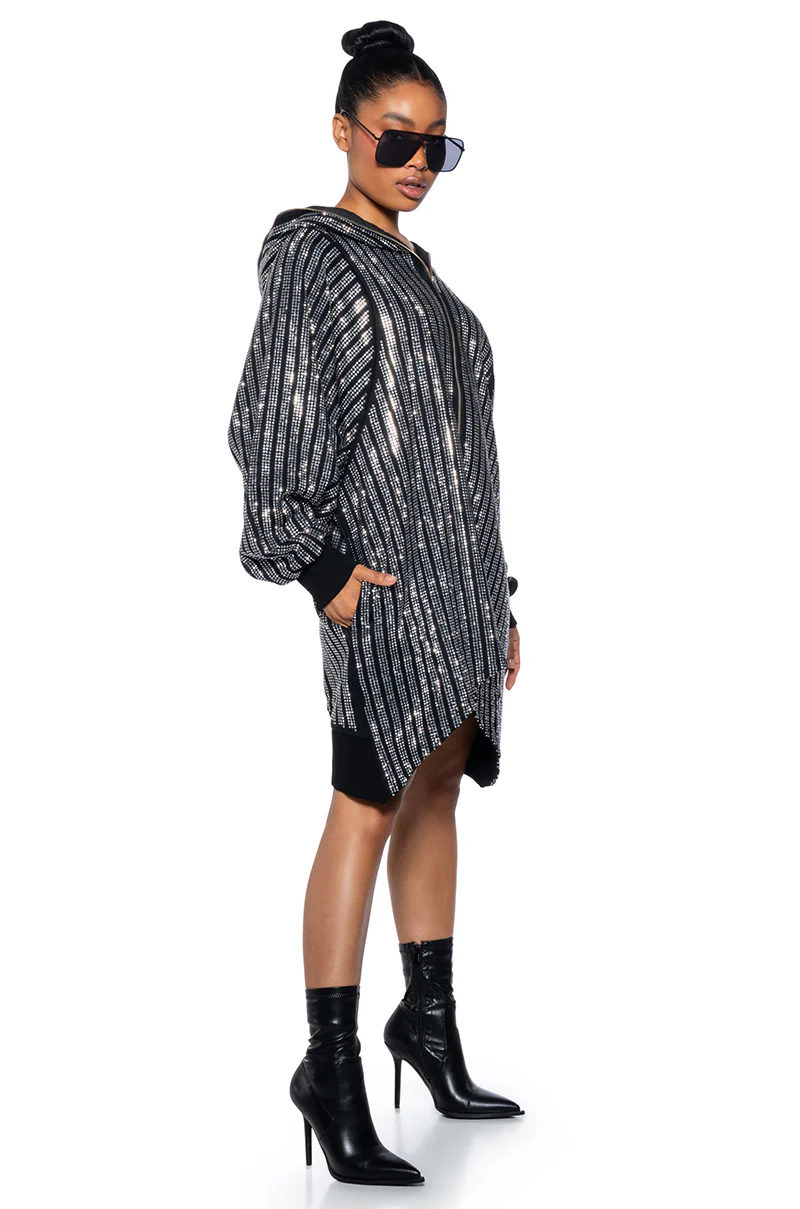 TRES CHIC PASSPORT OVERSIZE HOODED RHINESTONE ZIP UP JACKET