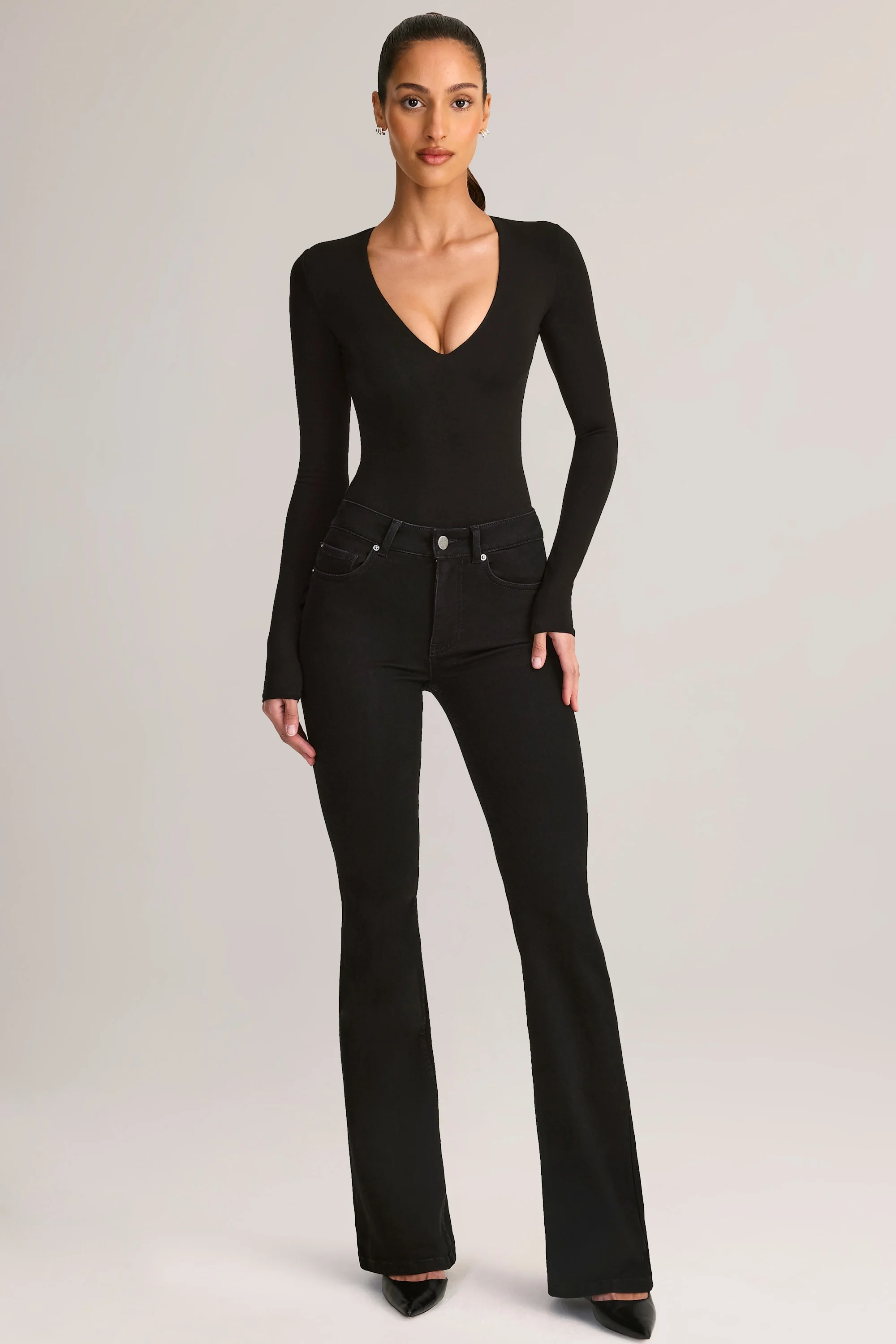 Modal Plunge Long-Sleeve Bodysuit in Black